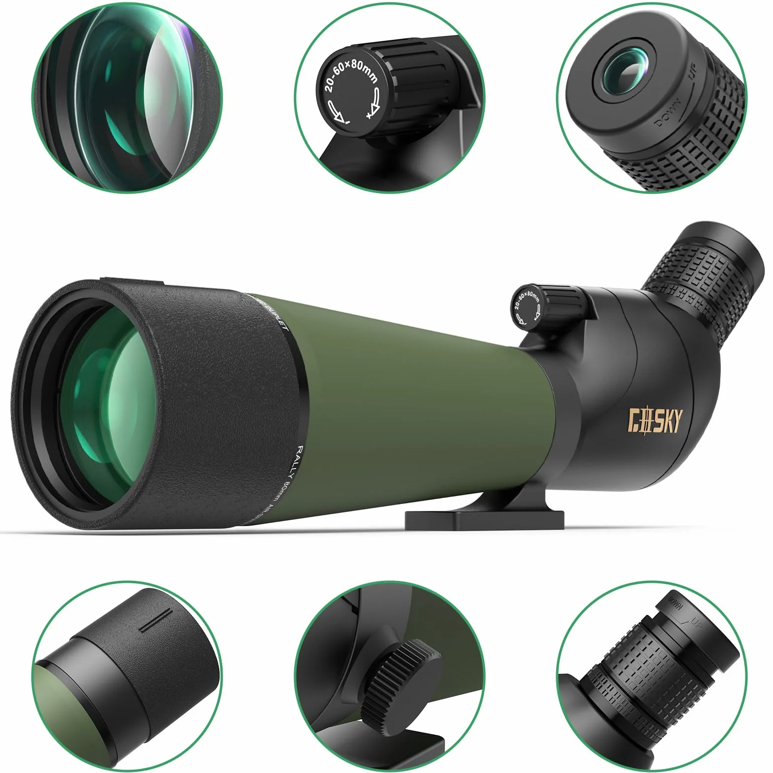 Gosky Cannocchiale da 20 – 60 x 80 cm, con treppiede, borsa per il trasporto e adattatore per smartphone, telescopio angolato BAK4, impermeabile per tiro, caccia, bird watching, paesaggi della fauna