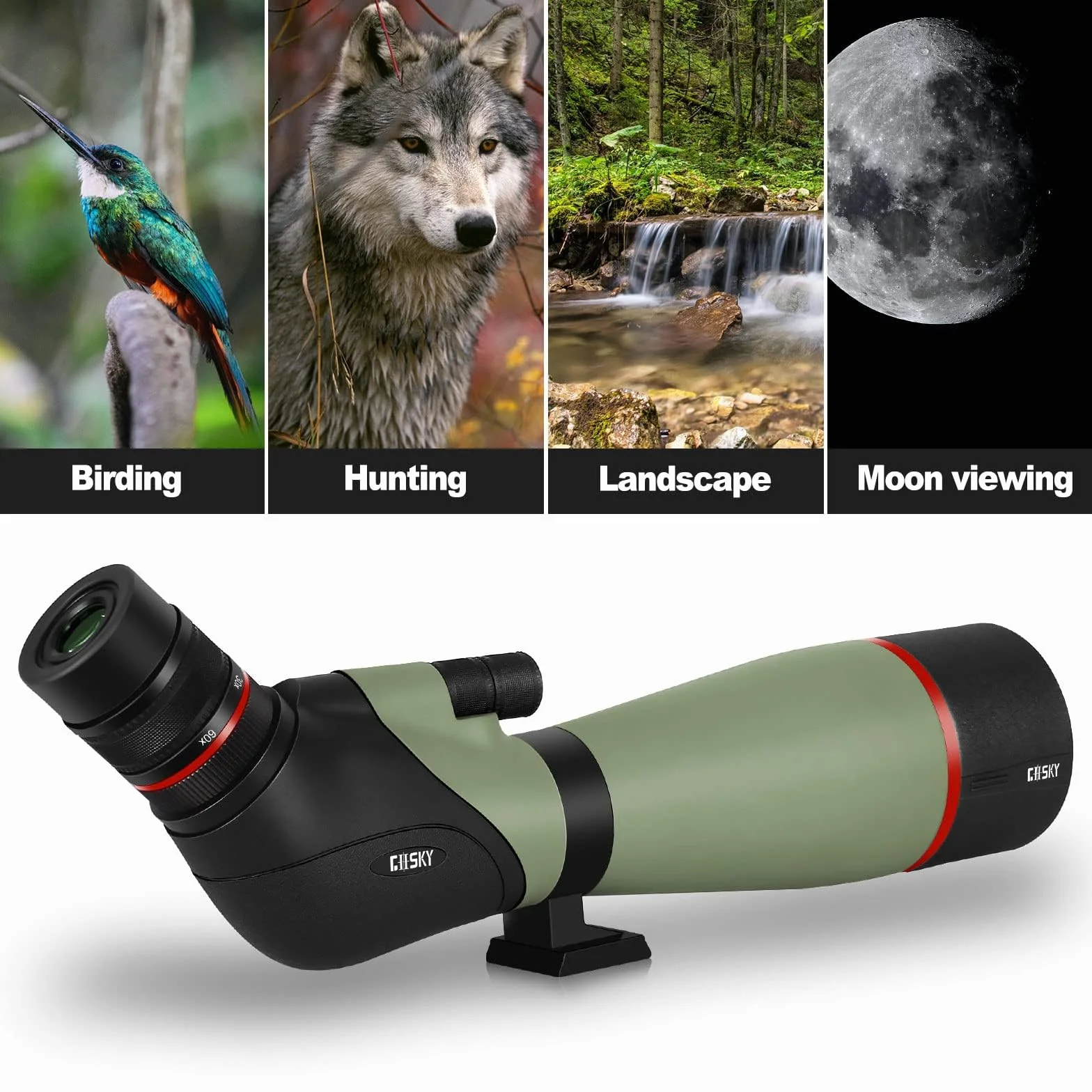Gosky Cannocchiale 20-60x 80 - BAK4 Mirino angolato per tiro al bersaglio Caccia Uccelli Osservazione degli animali selvatici con smartphone Adatper e adattatore