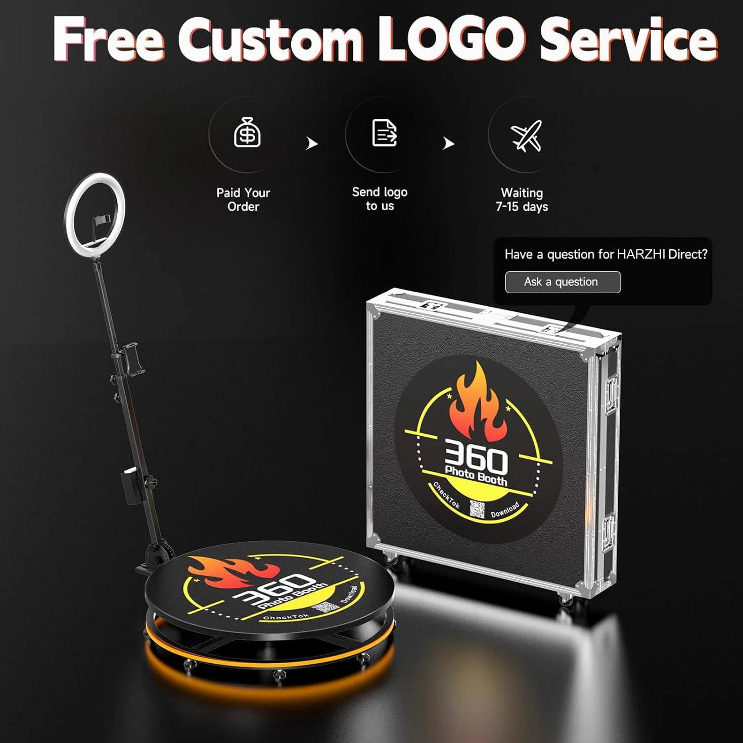 HARZHI 360 Photo Booth Machine, Cabina Fotografica, Vedio Booth per Feste/Matrimoni/YouTube/Tiktok, Telecomando e controllo software, con ChackTok VIP e Flight Case, Personalizzazione del Logo, 80CM