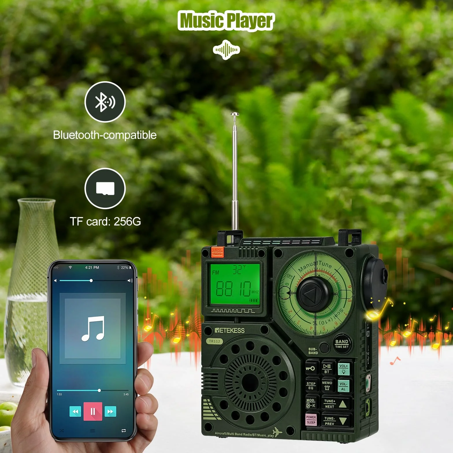 Retekess TR112 Radio Multiband Bande,FM VHF MW SW WB AIR Radio,Basse Stereo SOS Avviso,Controllo Telecomando per Applicazioni Intelligenti,MP3/TF,Campeggio,Pesca(Verde)