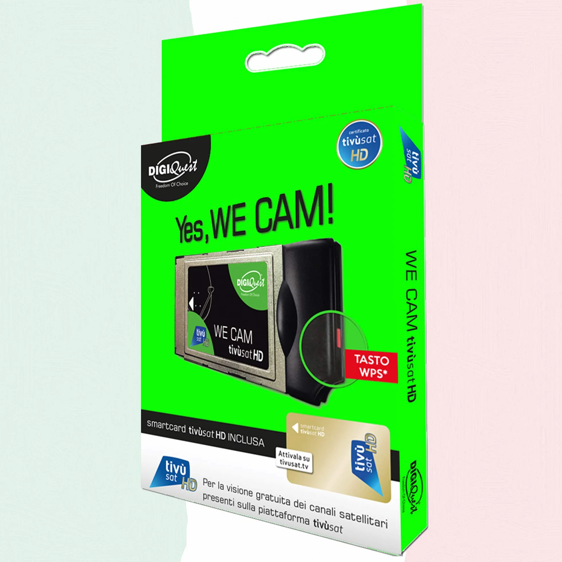 TiVuSat DIGIQuest - Scheda HD Gold e We CAM SmartCam - Modulo HD CI+ WiFi con tasto WPS, inclusa la TiVuSat HD Gold, canali Italiani HD/4K via satellite Eutelsat HotBird 13,0° est