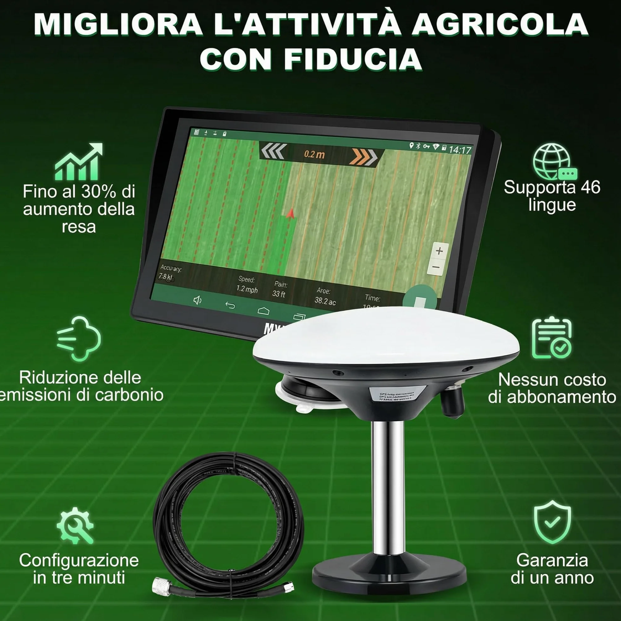 Navigatore GPS per Trattore per l’Agricoltura di Precisione, Navigatore Agricolo GNSS con Schermo Touch da 9", Adatto a Irrorazione, Aratura e Semina, Posizionamento Automatico