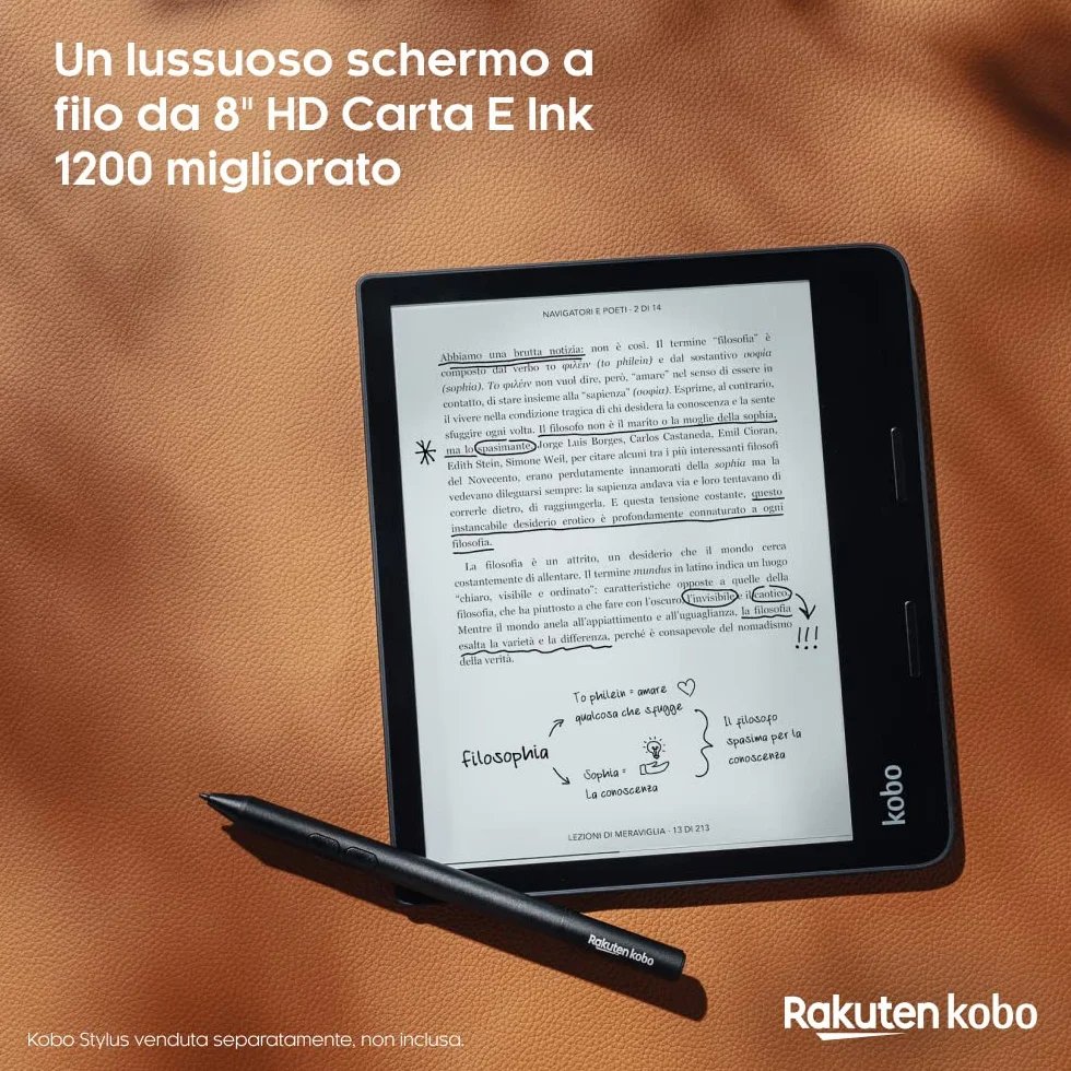 Kobo Sage | eReader | Touchscreen antiriflesso 8" HD | Impermeabile | Luminosità e temperatura colore regolabili | Riduzione luce blu | Bluetooth | WiFi | 32 GB | Tecnologia Carta E Ink