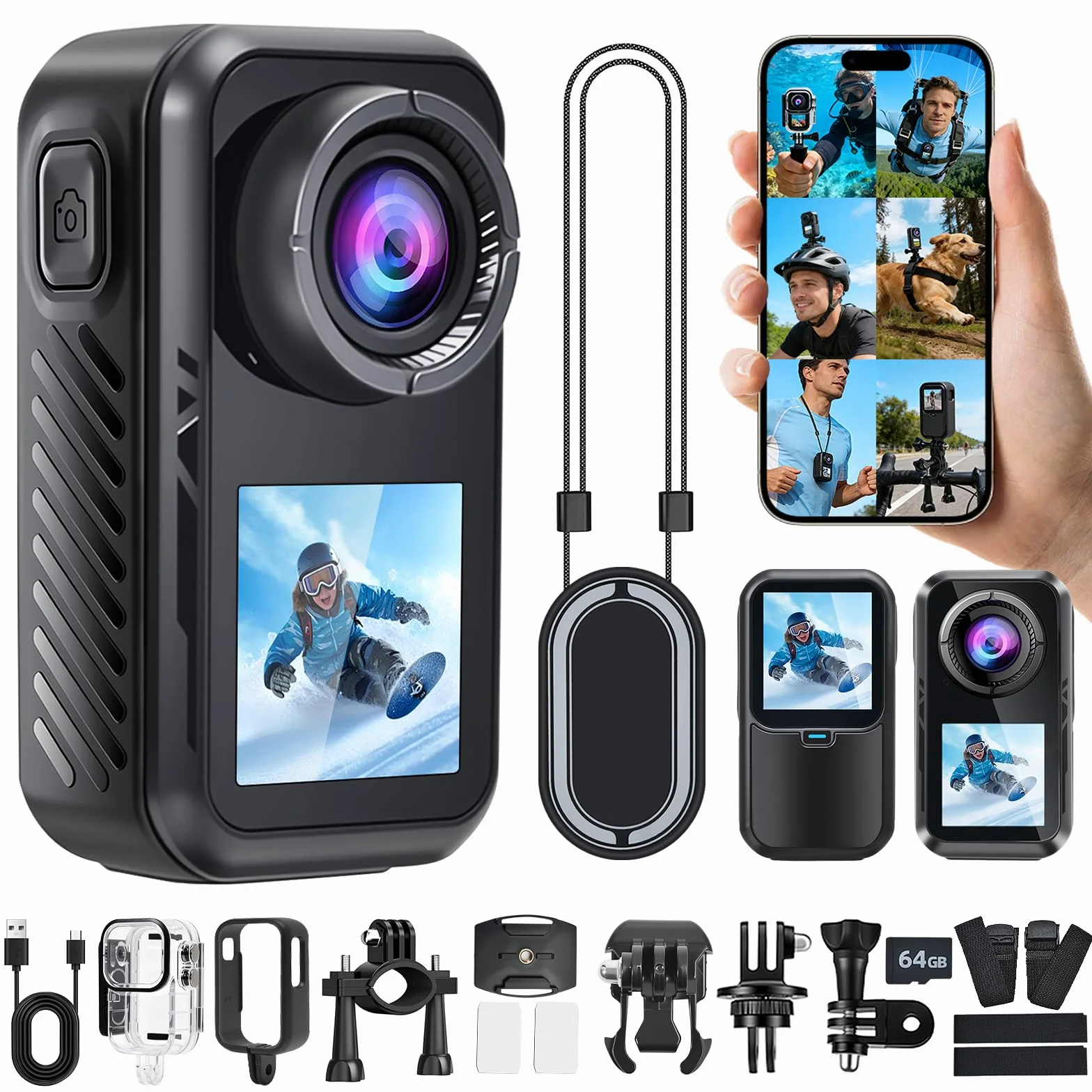 AIKER Action Cam 4K 60fps,Versione aggiornata bodycam WiFi 150°,Impermeabile fino a 30M Dotato di stabilizzazione dellimmagine,Qualità dellimmagine ad alta definizione,accessori multifunzionali