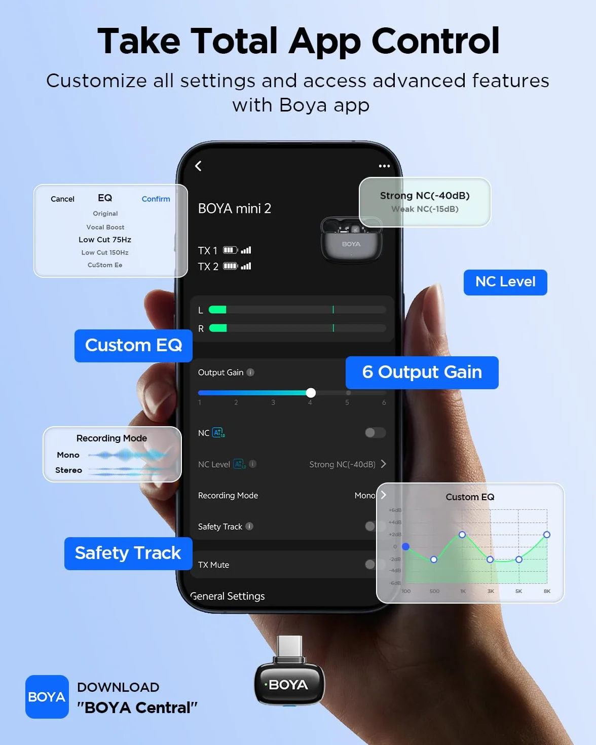 BOYA Mini 2 Microfono Wireless iPhone e Android, Microfono Lavalier Wireless per video social, 48kHz/24Bit, 100m di Portata, 30 Ore di Batteria, Cancellazione Del Rumore AI, TikTok