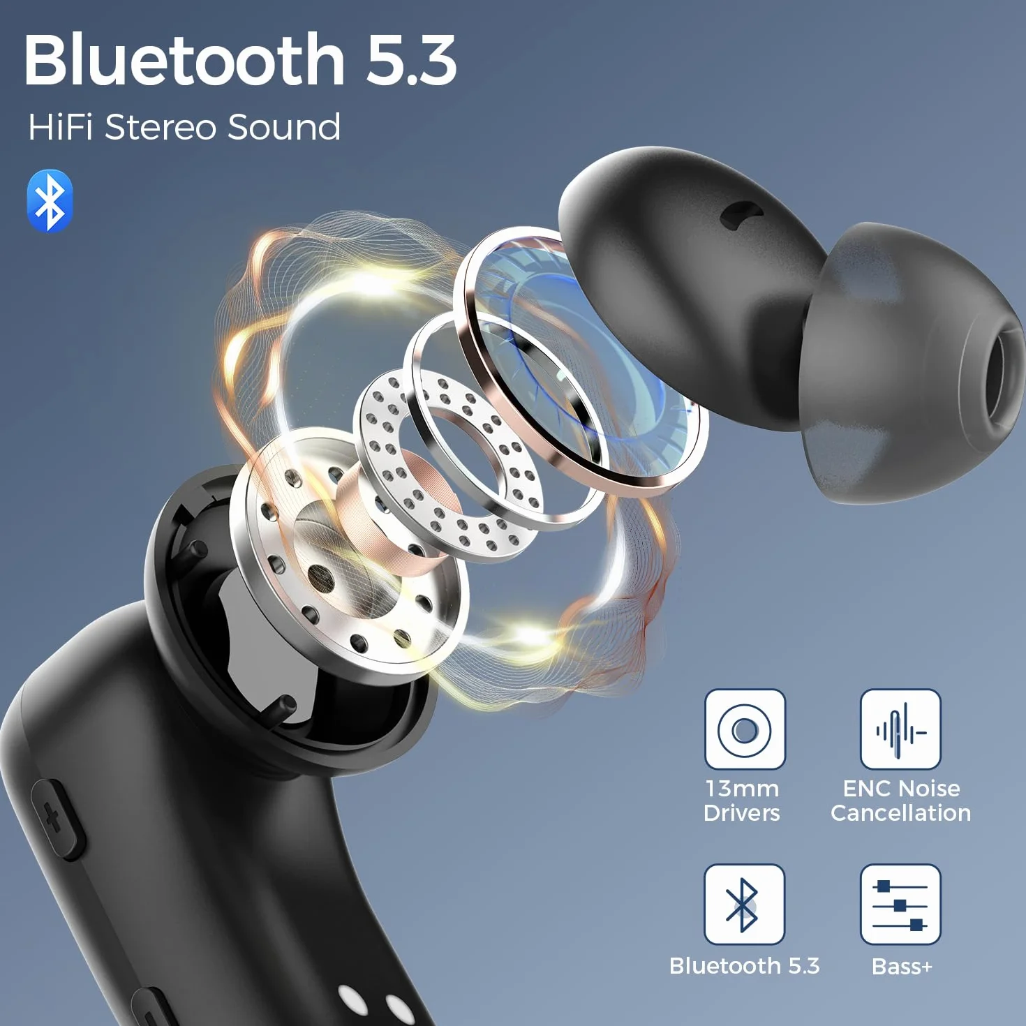 Cuffie Bluetooth 5.3 Auricolari senza fili 130 ore di autonomia Ricarica senza fili Auricolari IPX7 Impermeabili con ganci per orecchie Display a LED per lo sport e la corsa