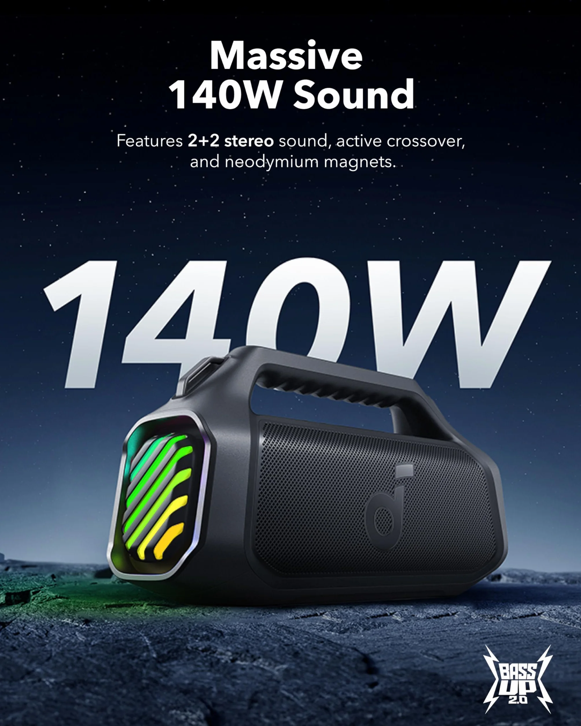 Soundcore Boom 2 Plus Cassa Bluetooth Potente per esterni, 140W, 2+2 canali stereo, BassUp 2.0, Bluetooth 5.3, 30W ricarica rapida, 20 ore di riproduzione, IPX7, luci RGB, USB-C, EQ personalizzata
