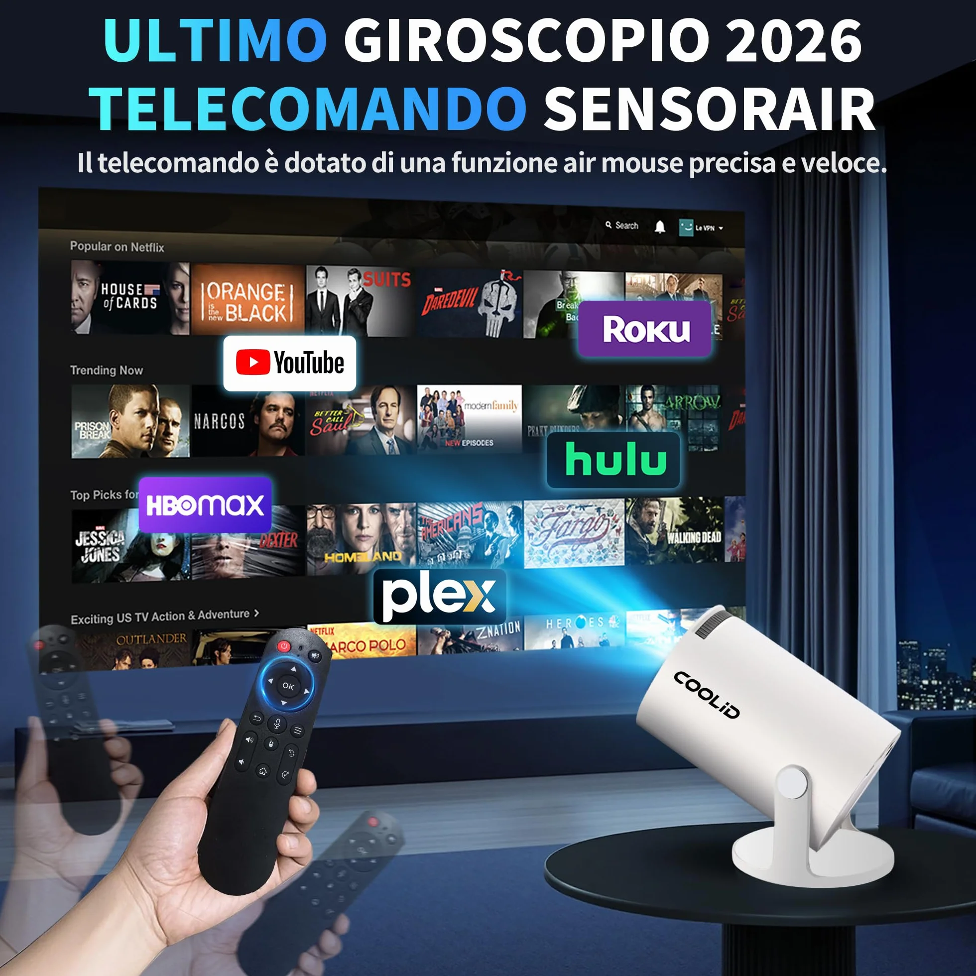 Mini Proiettore [App Integrata & 2026 Upgraded] Proiettore Portatile 4K 1080P con 5G WiFi 6 e BT 5.4 Supporta Rotativo 180° Correzione Trapezoidale Automatica Applicabile TV Stick/USB/HDMI,Bianco
