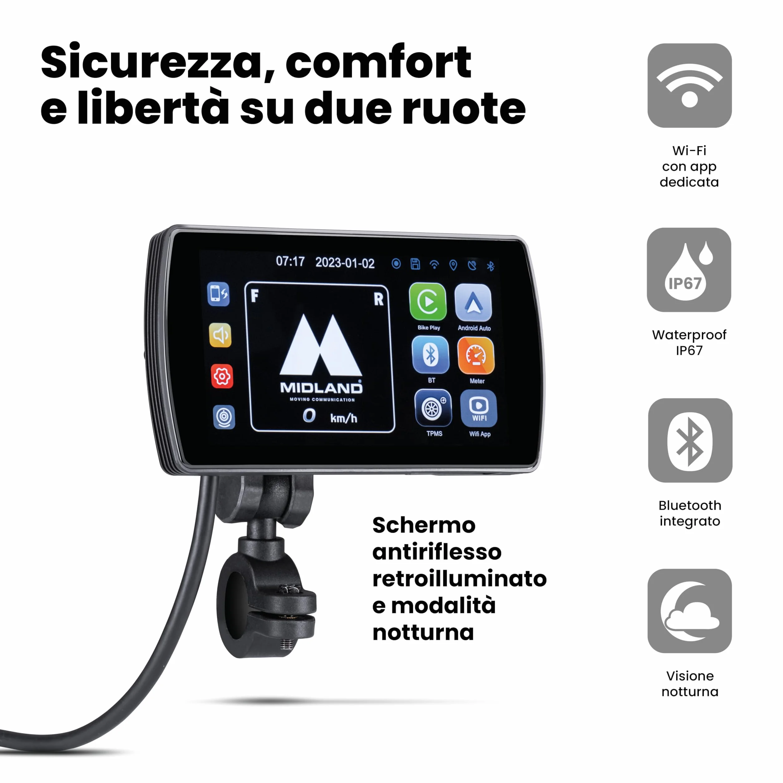 Midland - Bike Play Pro, Accessori Moto con Compatibilità Bluetooth Android Auto - Navigatore Moto con Mirroring, Touchscreen 5.5" Anche con Guanti e Comandi Vocali, Accessorio Retroilluminato