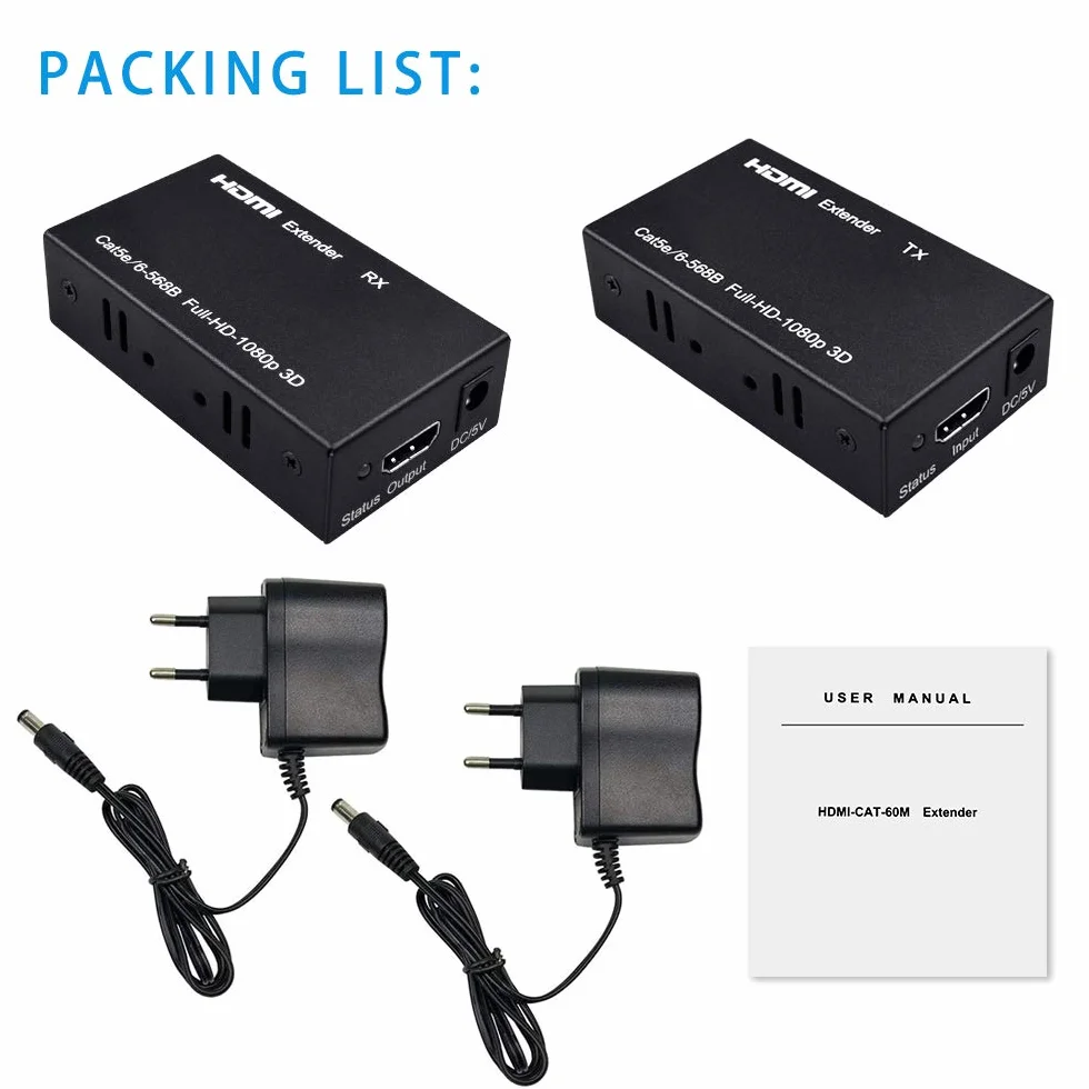 HDMI Extender Transmitter Extensions 60M Cat 6/5E Receiver Supporta Full HD 1080P 3D HDCP EDID Hdmi Estensori per TV DVD Laptop PC Sky（Trasmettitore+UTP+RJ45+Ricevitore）