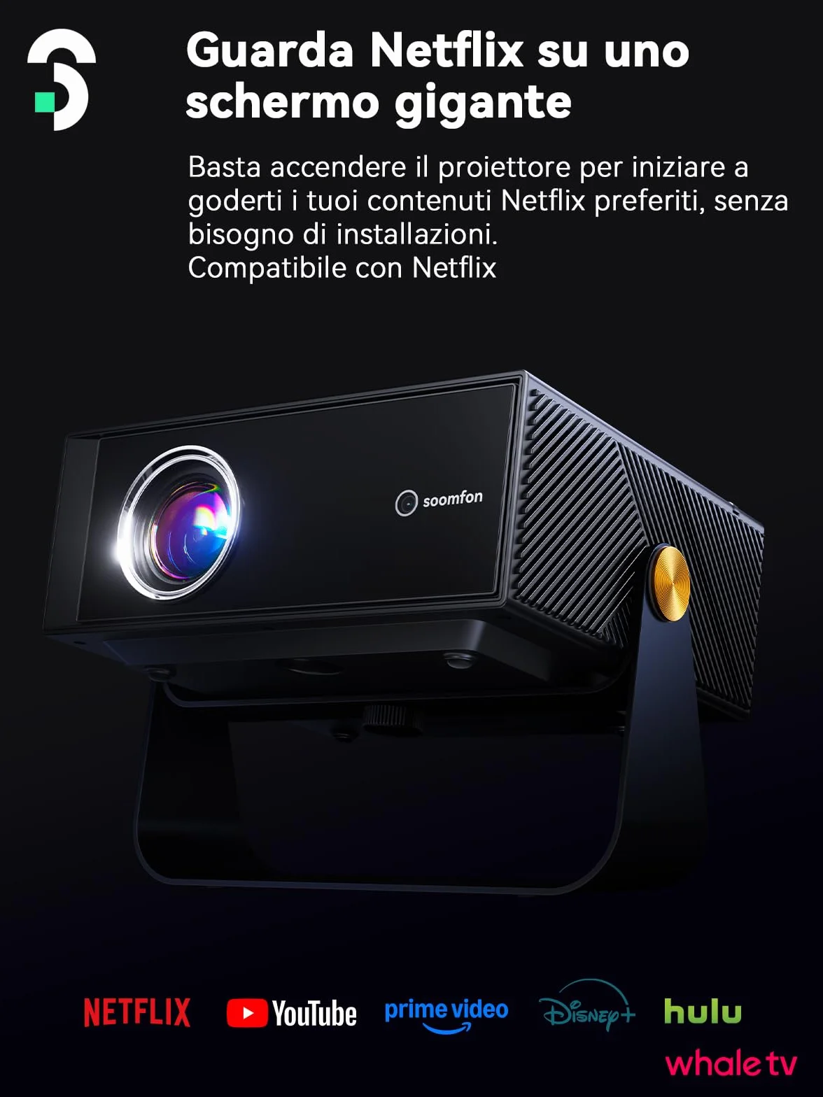 SOOMFON SK3 Proiettore Portatile 4K Supporta 1080P Nativo Smart TV | Auto Focus e Keystone Videoproiettore 500 ANSI WiFi Bluetooth 360° Rotation Netflix Compatibile per HDMI/Home Cinema/Esterni