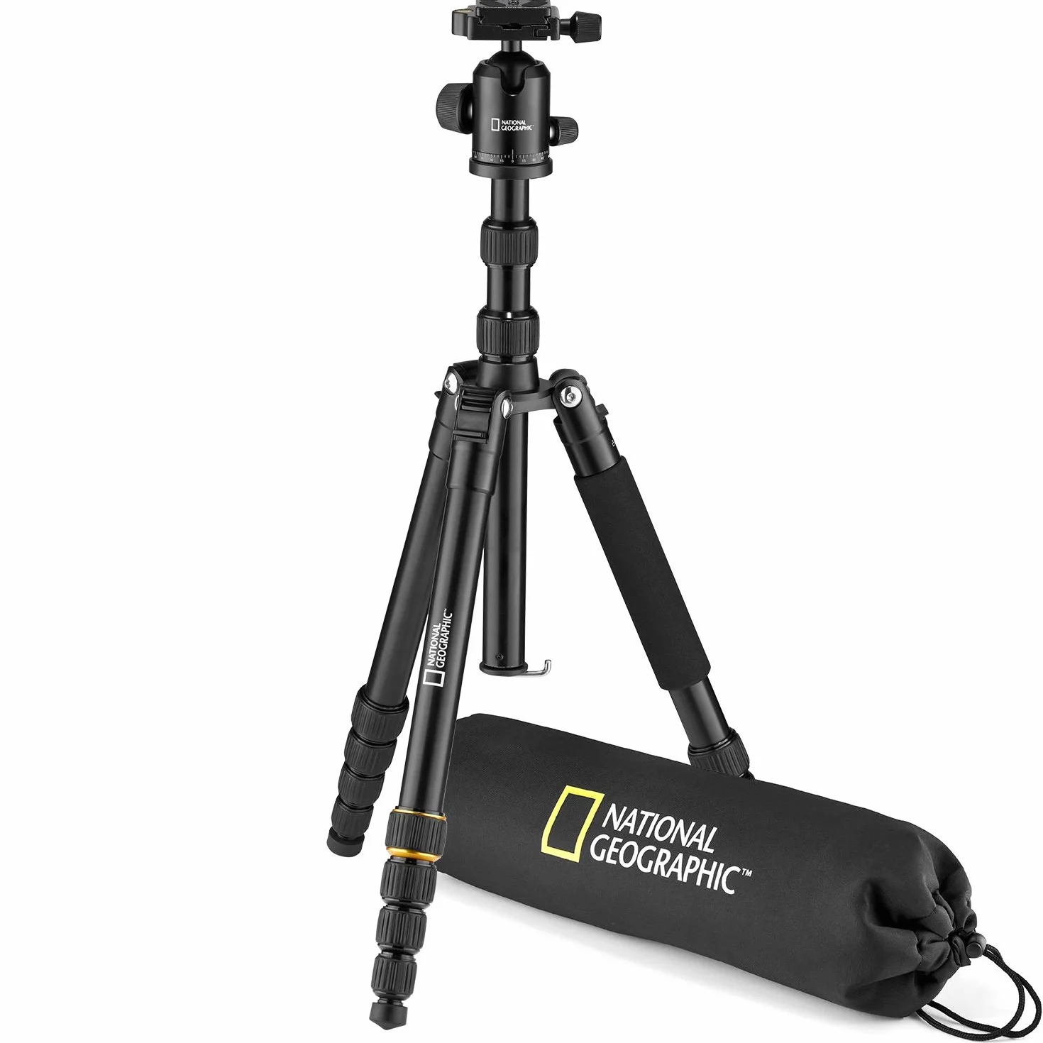 National Geographic NGTR002T - Travel Kit Treppiede con Monopiede, Alluminio, Gambe 5 Sezioni, Twist Lock, Sacca Trasporto, Carico Fino a 8 kg, Testa a Sfera, Sgancio Rapido, Nero [Esclusiva Amazon]