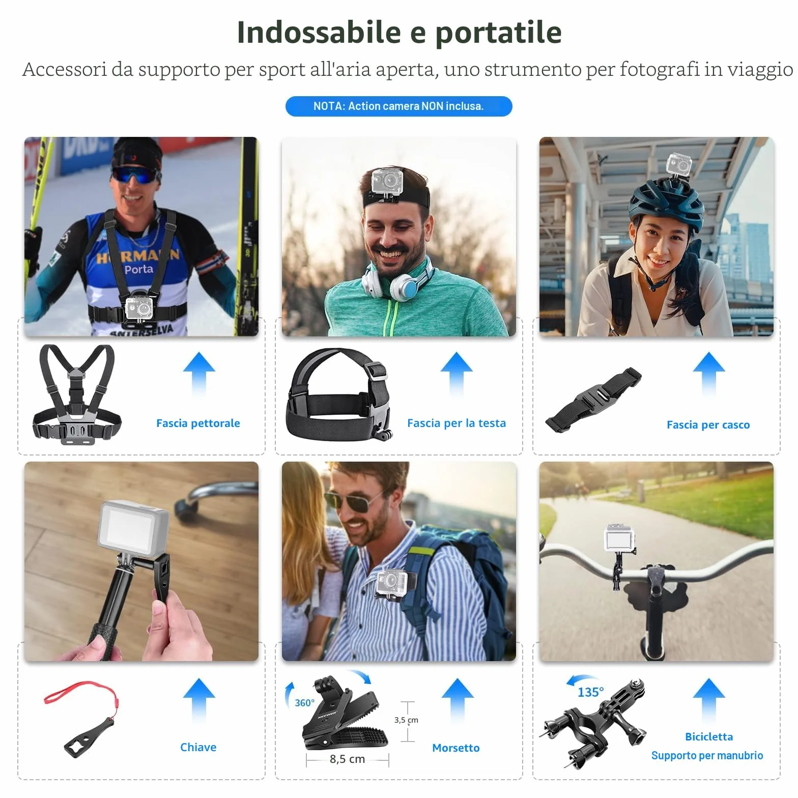 NEEWER Kit di Accessori per Action Cam 50 in 1 Compatibile con GoPro Hero 12 11 10 9 DJI OSMO 4 3 2 Insta360 X3 X2 GO 3 SJCAM DBPOWER HEAD VicTsing APEMAN WiMiUS QUMOX Lightdow Campark Sony Sports DV