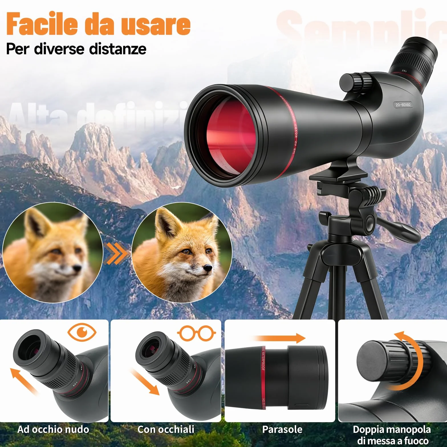 Cannocchiale da Punta HD 20-60x82 BAK4 FMC Impermeabile IPX7 con Treppiede, Adattatore Smartphone per Caccia Birdwatching Tiro