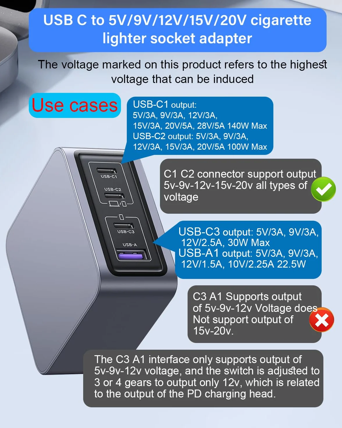 Adattatore USB C a accendisigari auto, 100 W, con adattatore USB A, interruttore DIP regolabile da 5 V/9 V/12 V/15 V/20 V, per dash cam, GPS, ecc