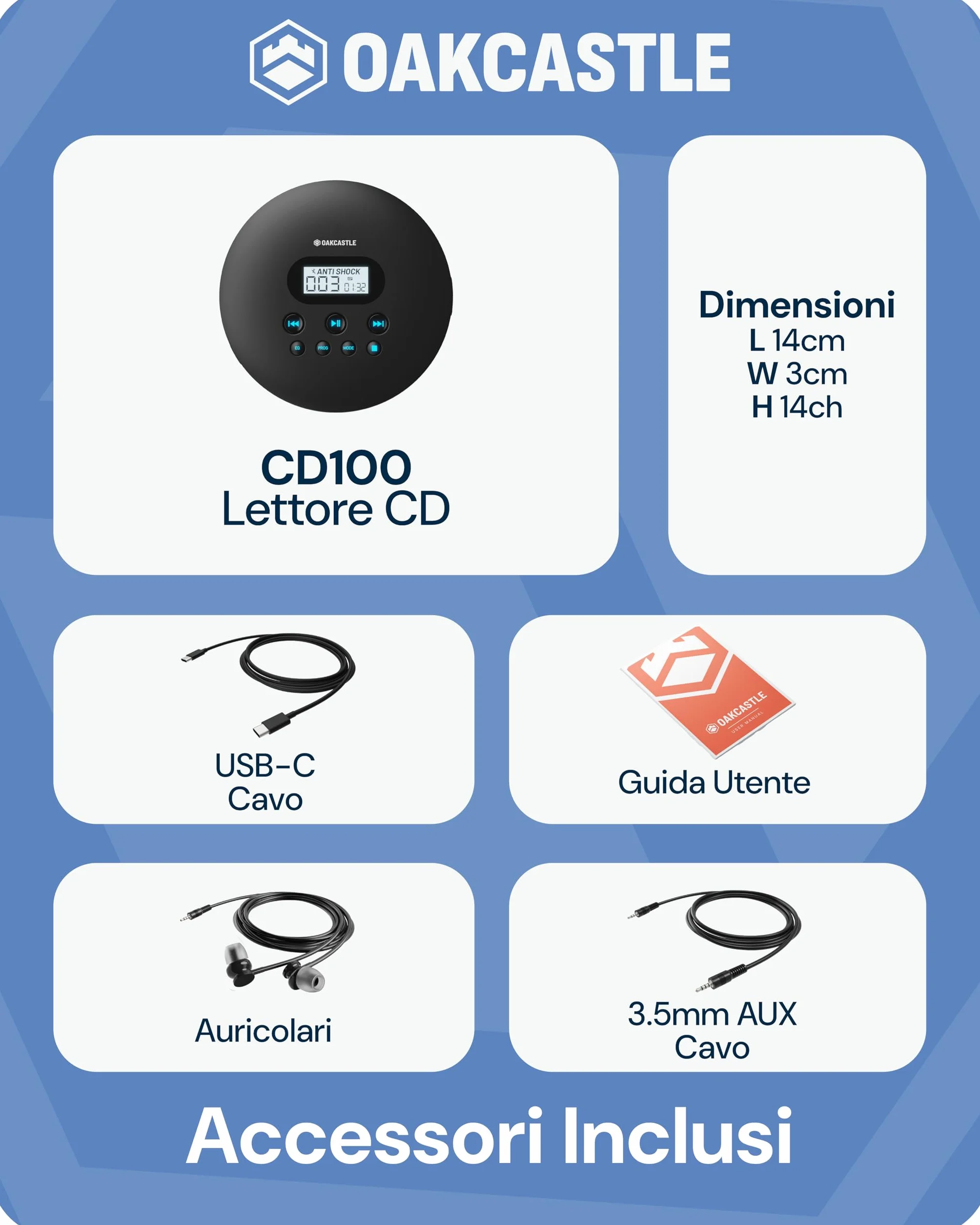 Oakcastle CD100 Lettore CD portatile ricaricabile Bluetooth 5.3, 12 ore riproduzione, anti-salto, USB-C