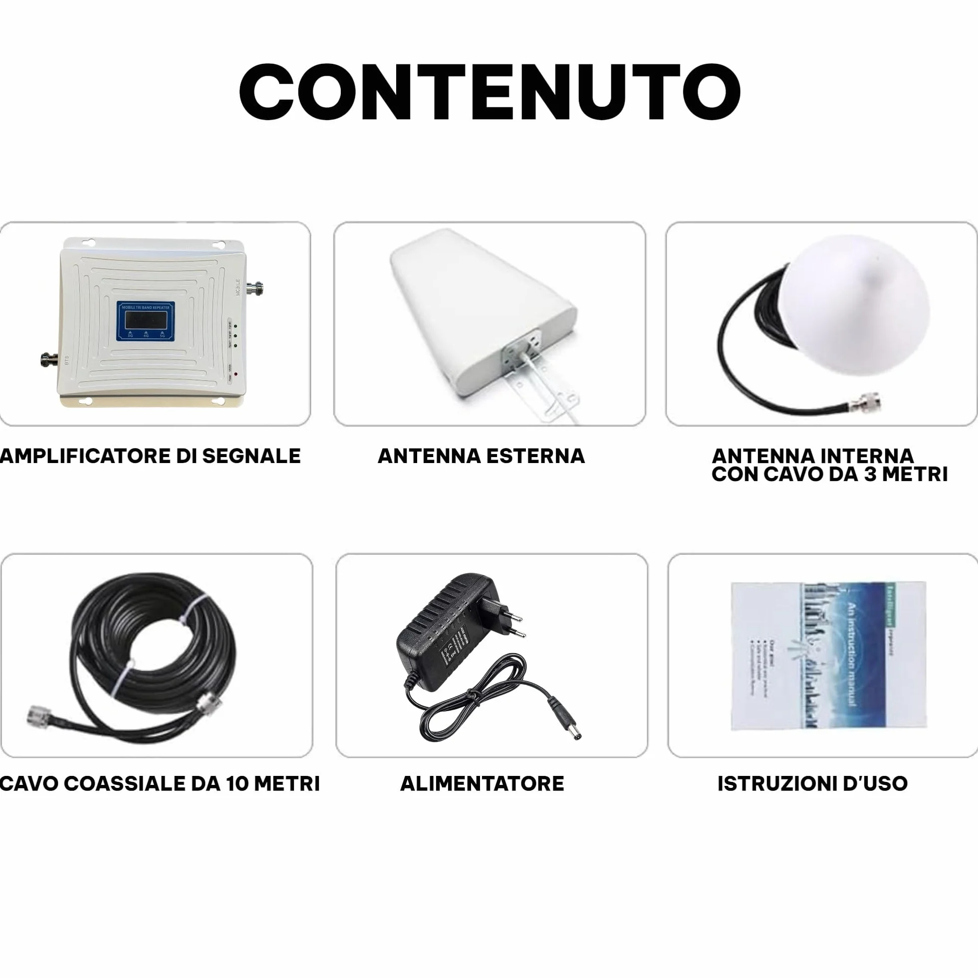 Topolenashop Amplificatore Segnale Cellulare 3G/4G/5G Tri Banda – Ripetitore Universale con Antenna Interna/Esterna, Copertura 500 m² – Compatibile Tutti gli Operatori – Cavi e Alimentatore Inclusi