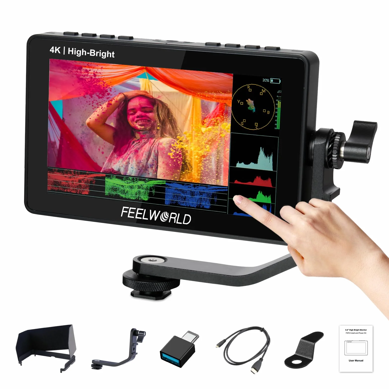 FEELWORLD F5PROX Monitor Da Campo 5.5 pollici 1600Nit Camera Field Monitor 4K HDMI HD 1920x1080 IPS, 3D LUT Waveform Vector Scope Monitor Esterno Fotocamera Video Camera con Touchscreen
