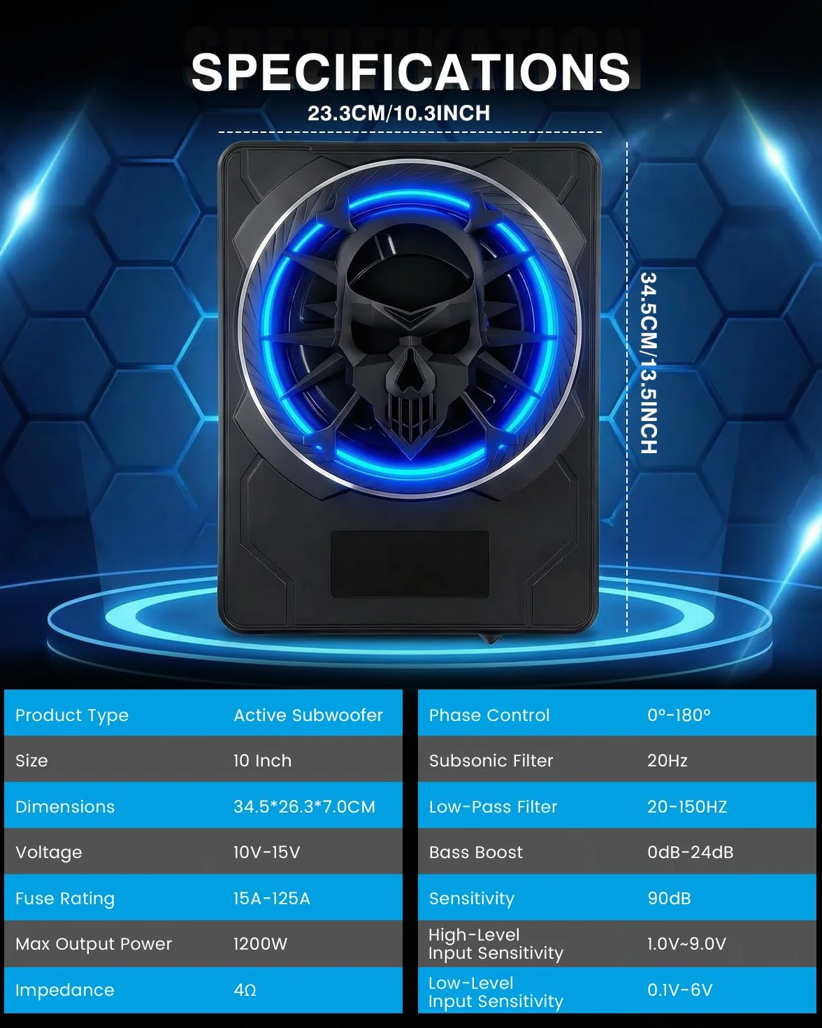 Subwoofer attivo per auto, montabile sotto i sedili, potenza massima 1200W, 10", modulo amplificatore integrato, design compatto ed elegante, illuminazione ambientale RGB controllata tramite APP