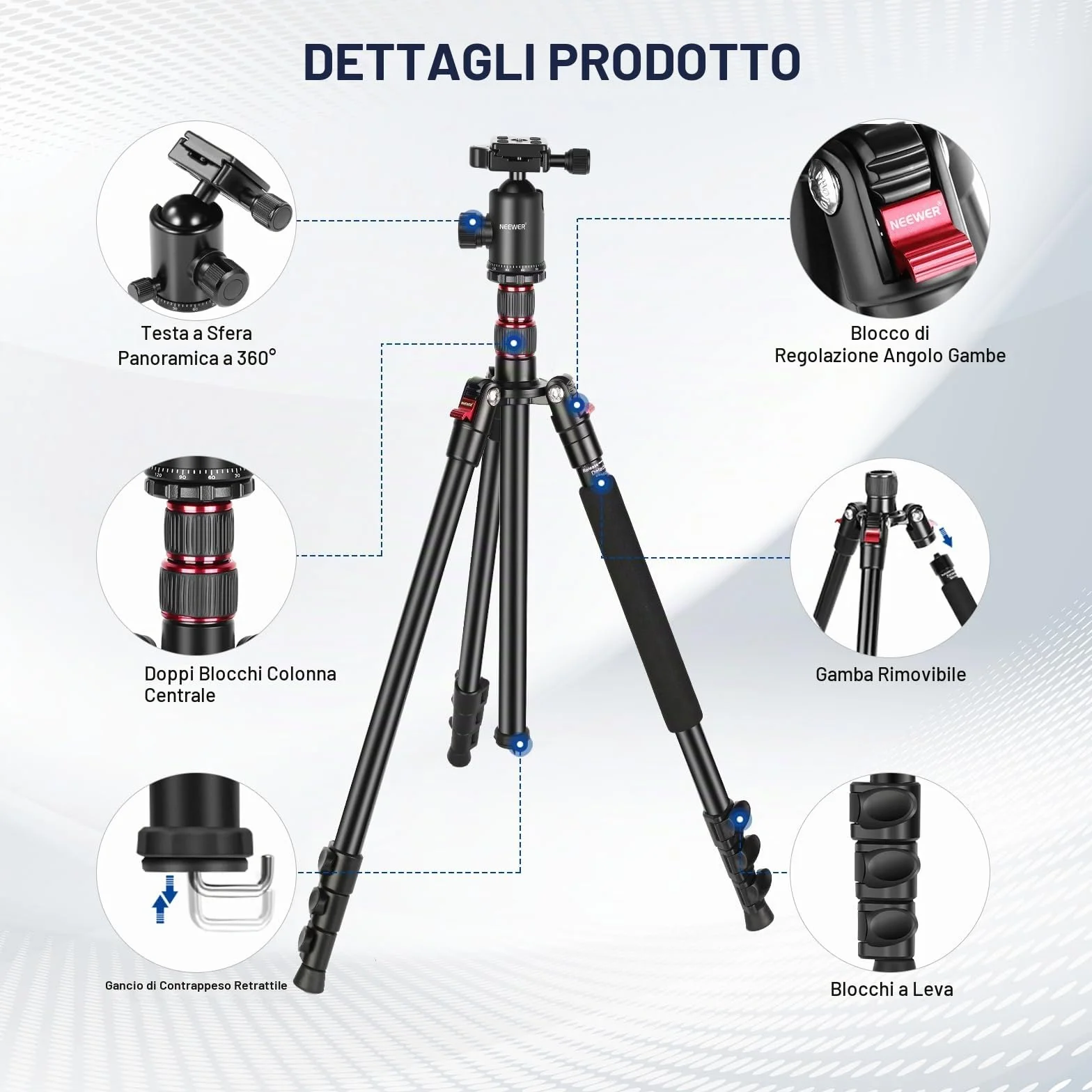 NEEWER 77'' Treppiede Fotocamera, Treppiede Monopiede Pieghevole Alluminio DSLR, Telefono con Testa a Sfera Panoramica 360°, Colonna Centrale a 2 Assi, Piastra Arca QR e Borsa, Carico Max 34lb, TP77
