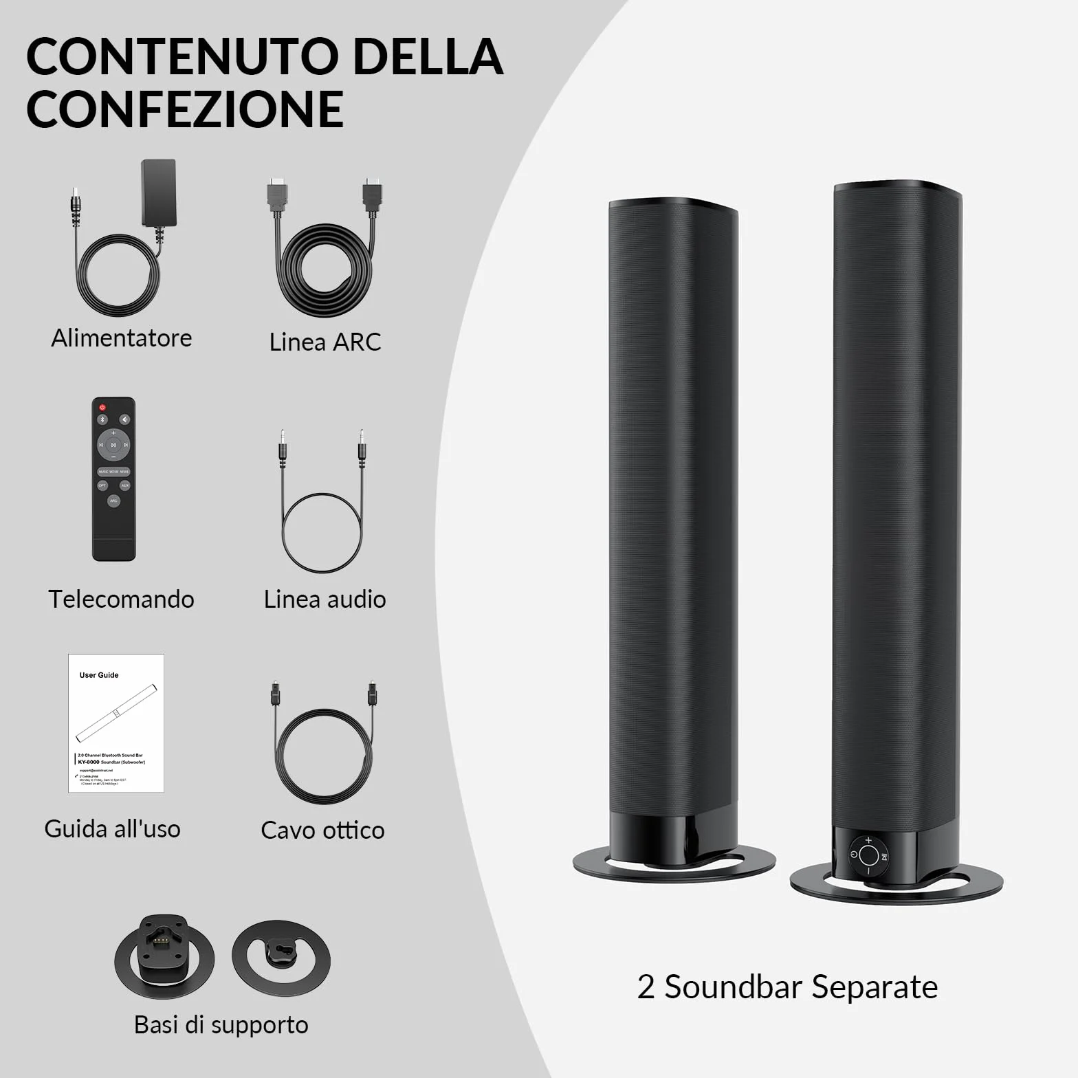 GarageRock Sound Bar per TV, Soundbar TV 2 in 1 divisibile con regolazione automatica del volume, altoparlanti TV stereo con 3 modalità EQ, Bluetooth 5.3, ARC/Opt/AUX, Soundbar per TV/proiettori, 1pcs