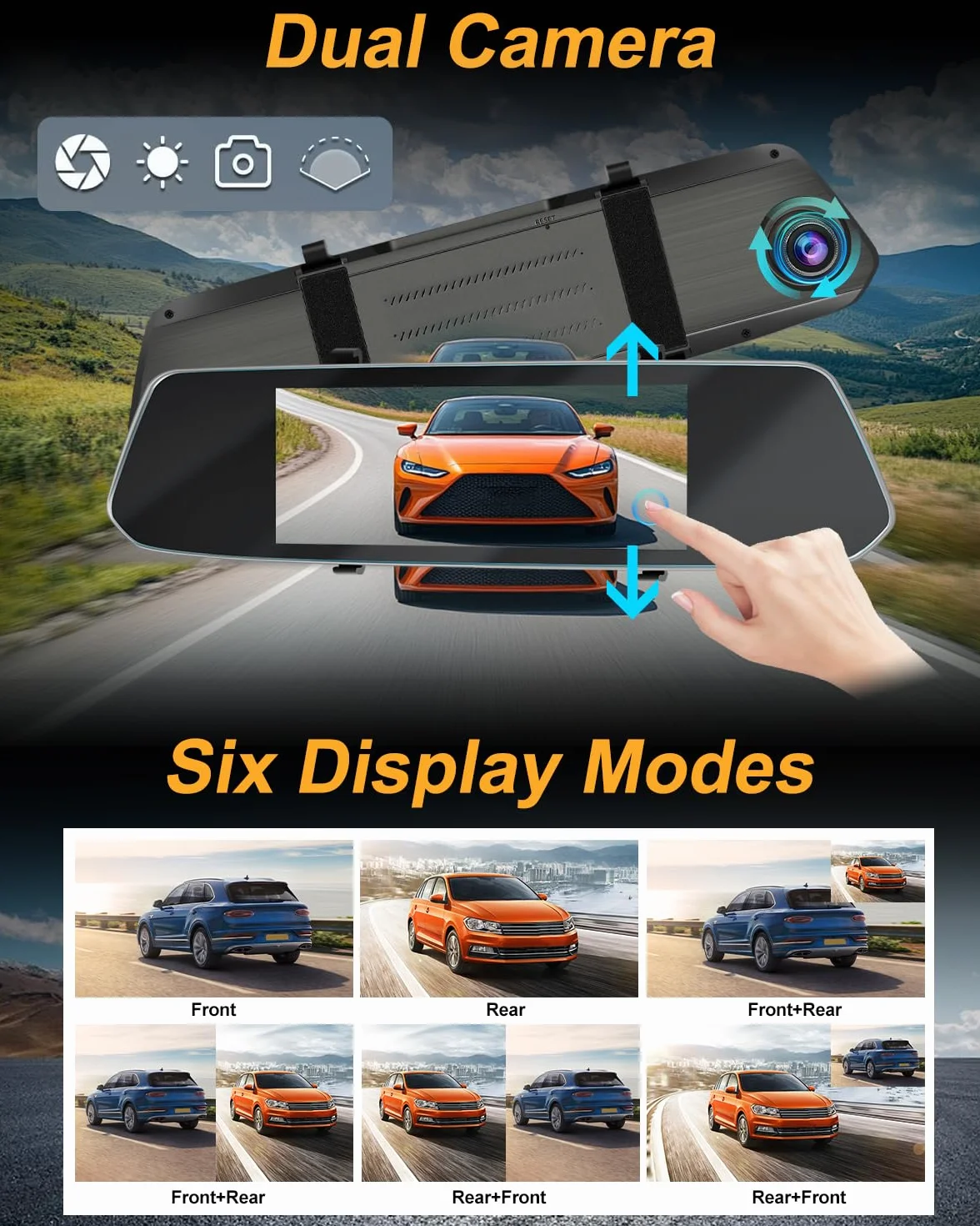 NHOPEEW Dash Cam a specchio da 7 pollici con doppia telecamera anteriore e posteriore - Sensore di gravità/registrazione in loop/rilevamento del movimento/monitor di parcheggio + scheda SD da 64G