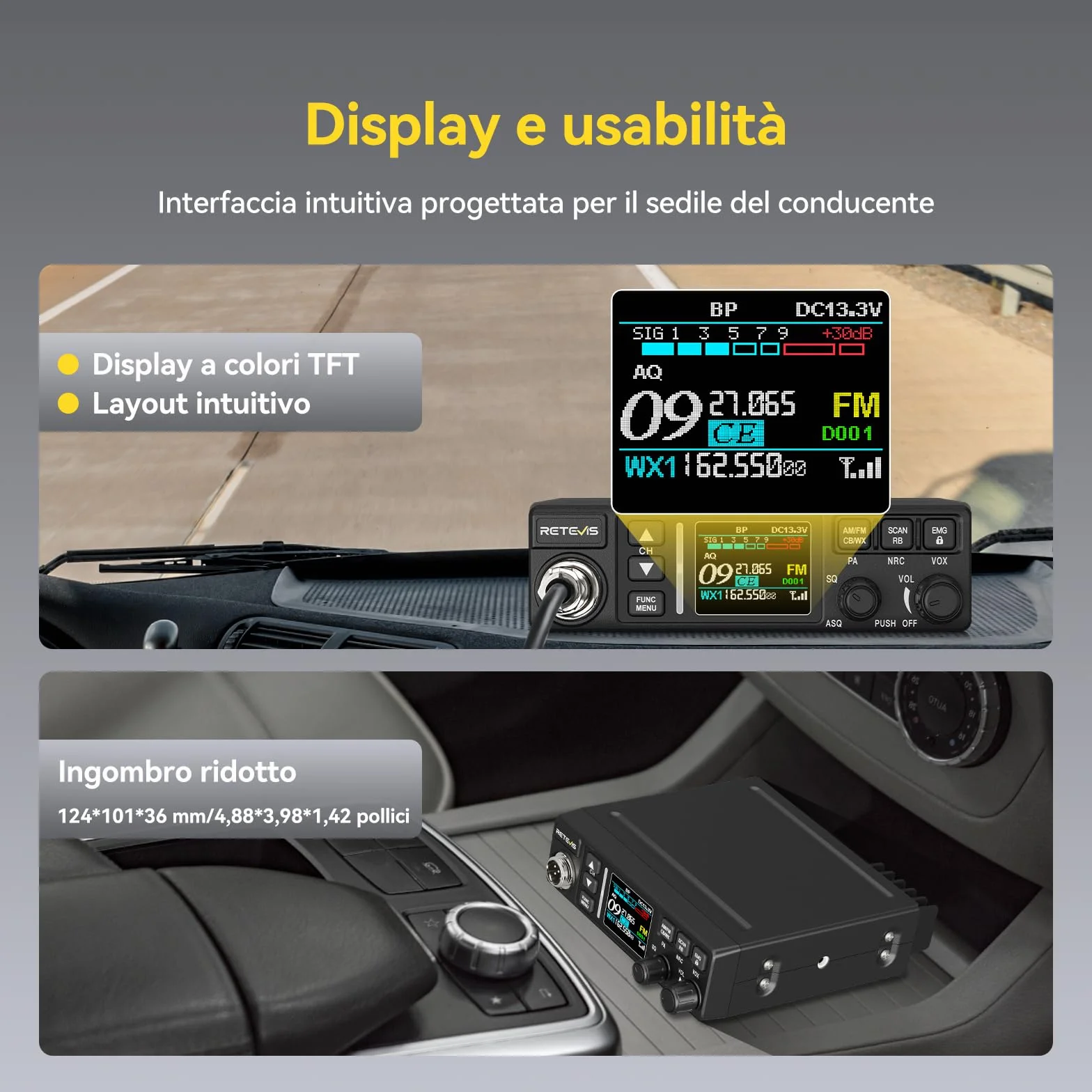 Retevis MB63B CB Radio e Antenna, NRC Cancellazione Del Rumore Radio CB Veicolare,12V/24V, AM/FM, TFT Colori, CTCSS/DCS, VOX, 40 Canali,EMG CH9/19 Radio CB Portatile per Team Fuoristrada (1 Pezzo)