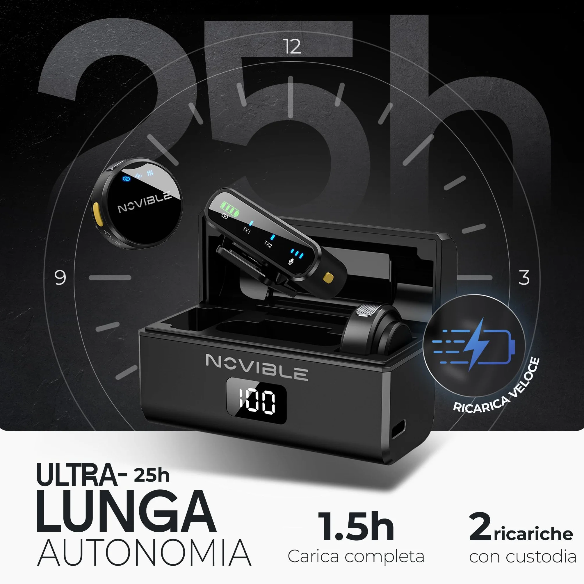 Microfono Lavalier Wireless per iPhone, Android, Fotocamera, PC - Audio Chiaro, Cancellazione Rumore, Portata 100 m - Autonomia 25 h con Custodia di Ricarica