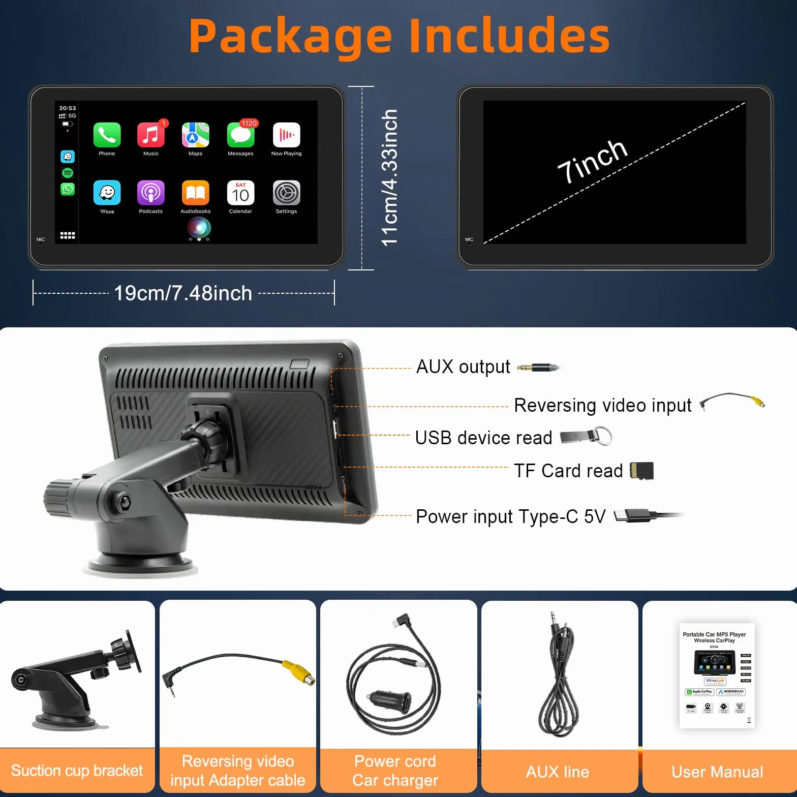 Schermo Per Auto Portatile con Carplay Wireless Andriod Auto,Display da 7 Pollici HD Touchscreen,Autoradio with Mirror Link, Bluetooth, Voice Control, Navigazione GPS,FM Trasmettitore, AUX, Airplay
