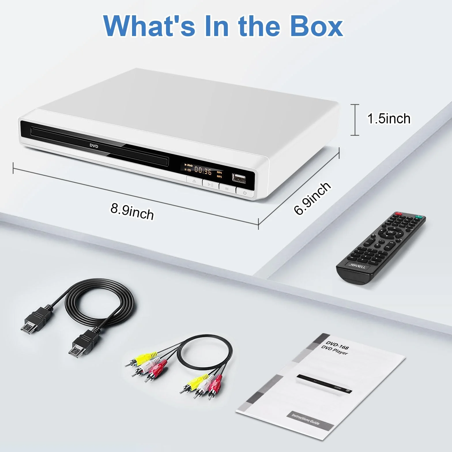 Lettore DVD Multiregione con HDMI per TV | JOVELL Riproduttore CD MP3 con Ingresso USB | Include Telecomando e Cavi HDMI/RCA | Perfetto per Film Familiari, Riproduce Tutte le Regioni (Bianco)
