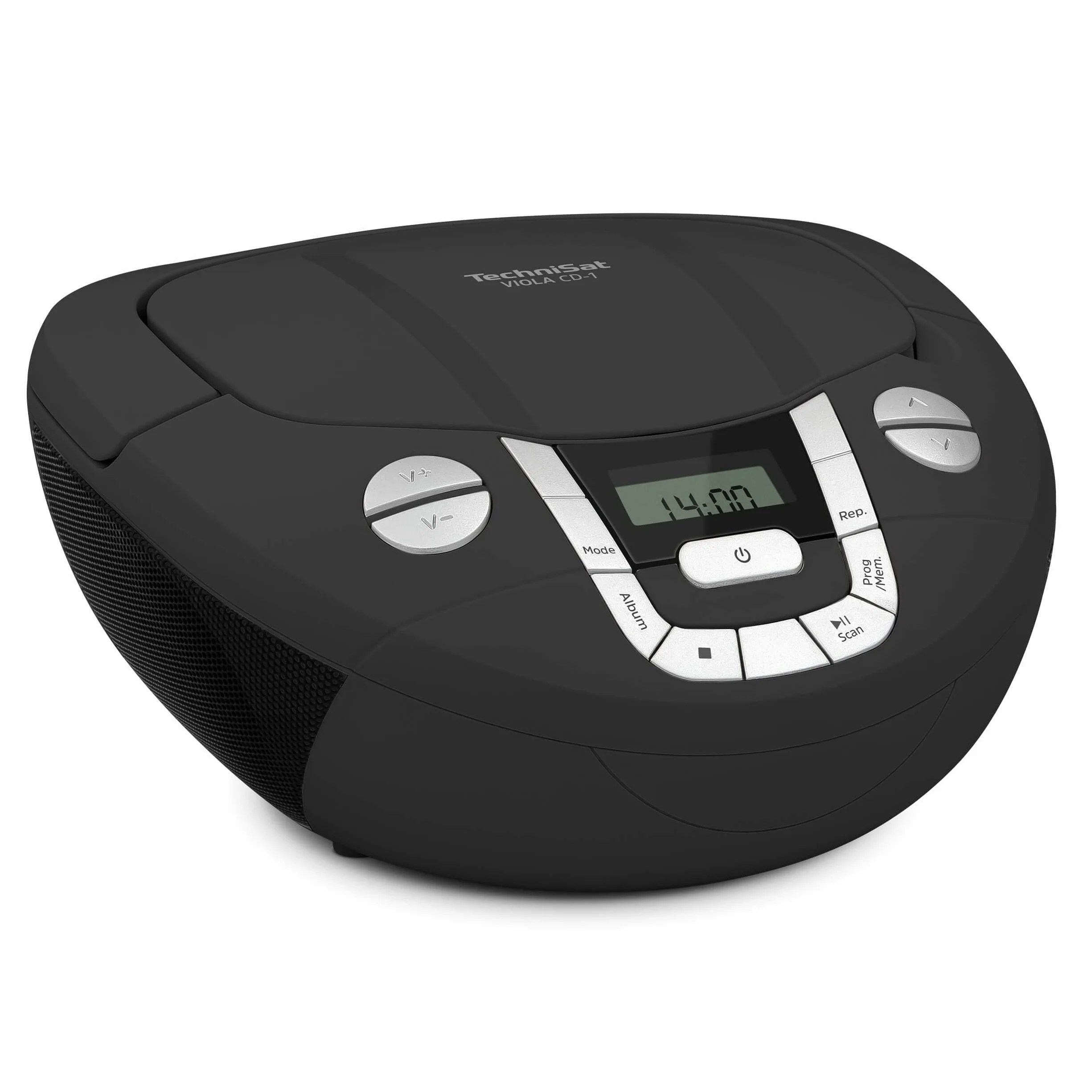 TechniSat VIOLA CD-1 - lettore CD stereo portatile con maniglia per il trasporto, boombox nera, sintonizzatore radio FM, ricezione Bluetooth, potenza di 2 x 1 W RMS, alimentazione a rete e a batteria
