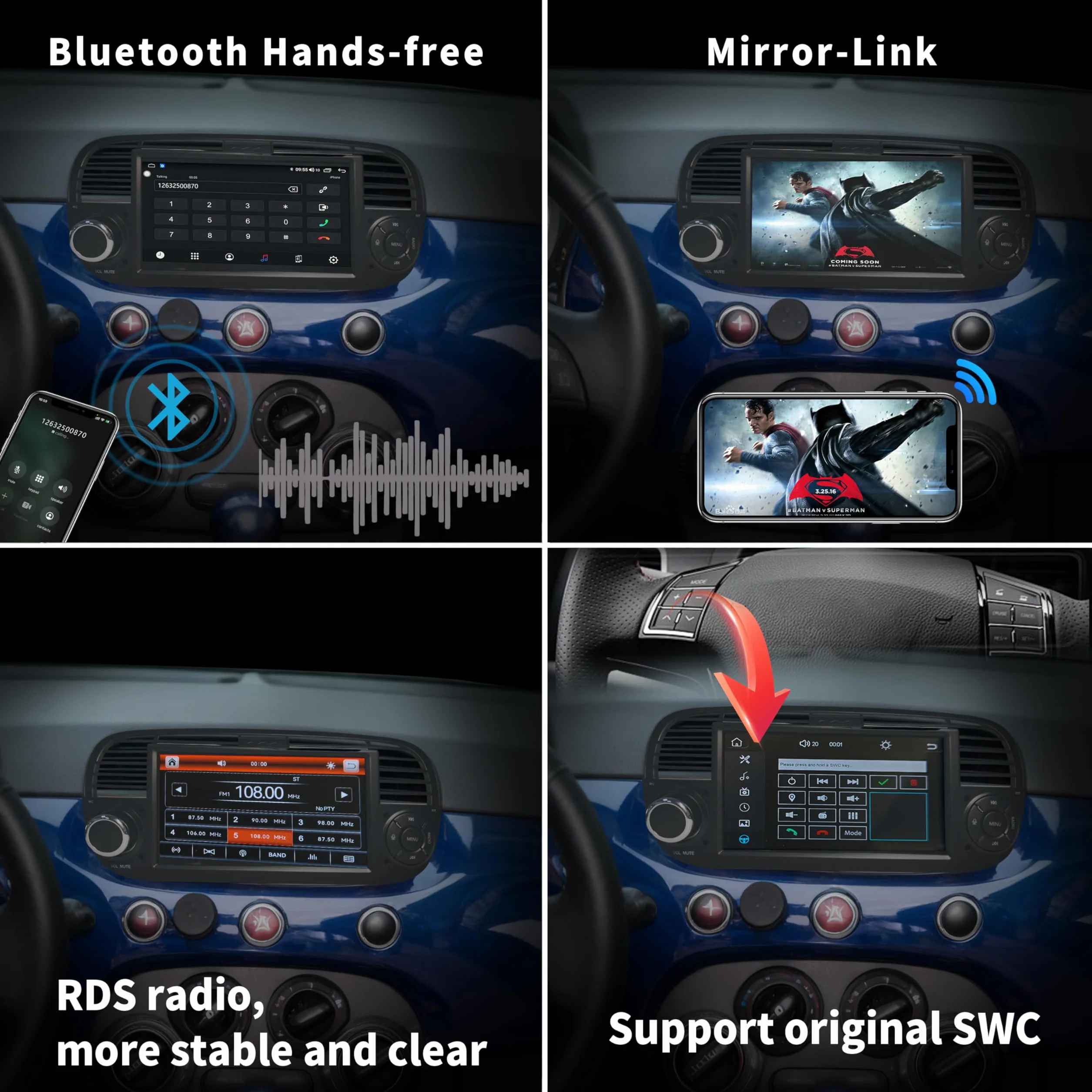 Wireless Carplay per Fiat 500 2007-2015, Schermo IPS da 7", Stereo Fiat 500 Supporta Android Auto e Mirrorlink, Bluetooth, Microfono, AM USB, DSP FM RDS SWC Originale