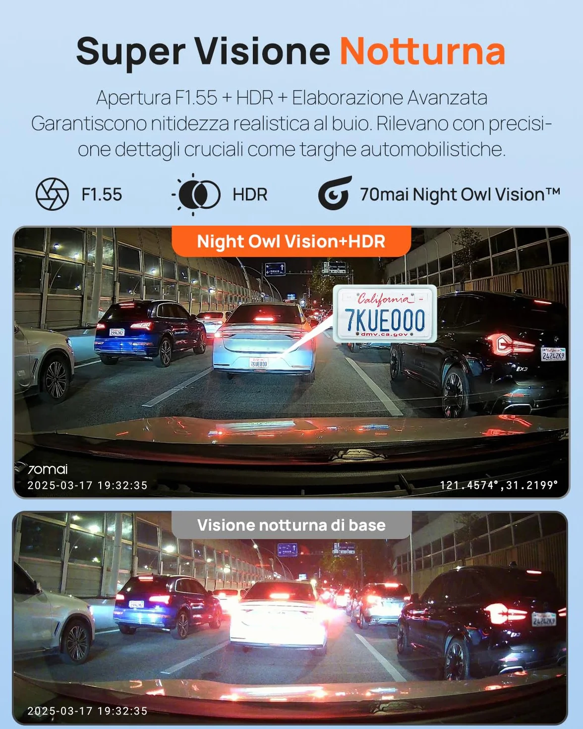 70mai Dash Cam Anteriore e Posteriore A410, Doppia Dashcam 2.5K+1080P HDR, Visione Notturna Super, Apertura F1.55, Modalità Parcheggio 24H, WiFi GPS, G- Sensor, Registrazione in Loop, Include 64GB SD