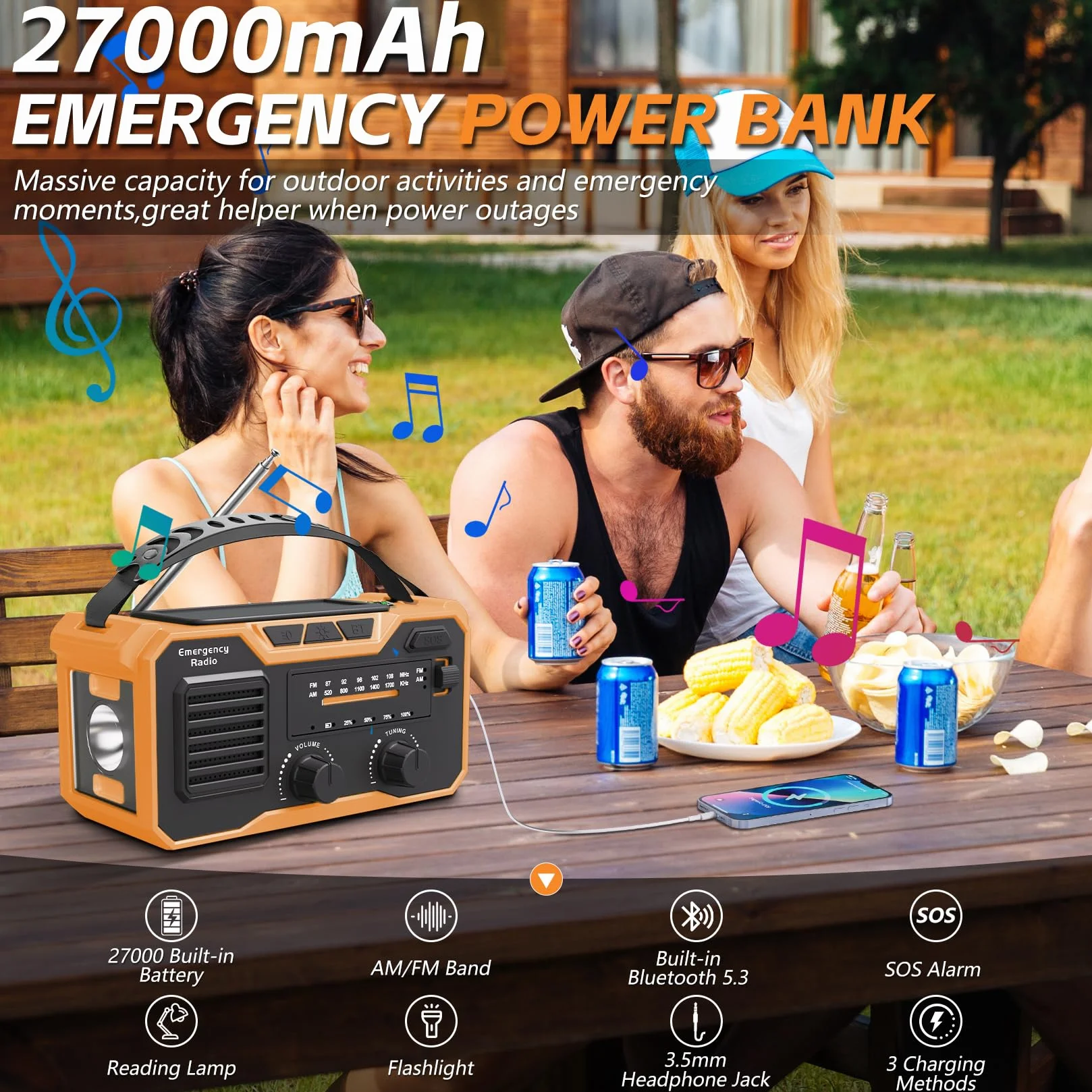 Radio a Manovella 27000mAh FM/AM Bluetooth 5.3 Solare Dinamo Allarme SOS Torcia Elettrica Arancione