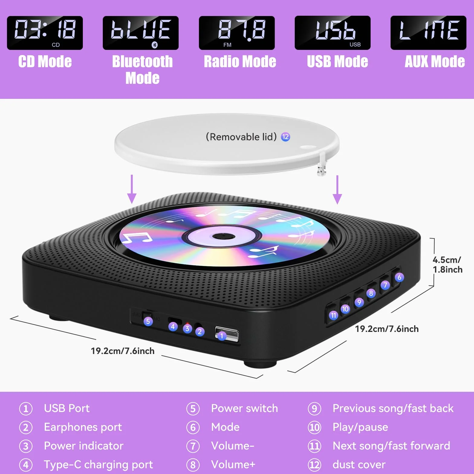 Lettore CD Portatile Bluetooth Ricaricabile 1800mAh Doppi Altoparlanti FM Radio USB AUX Nero