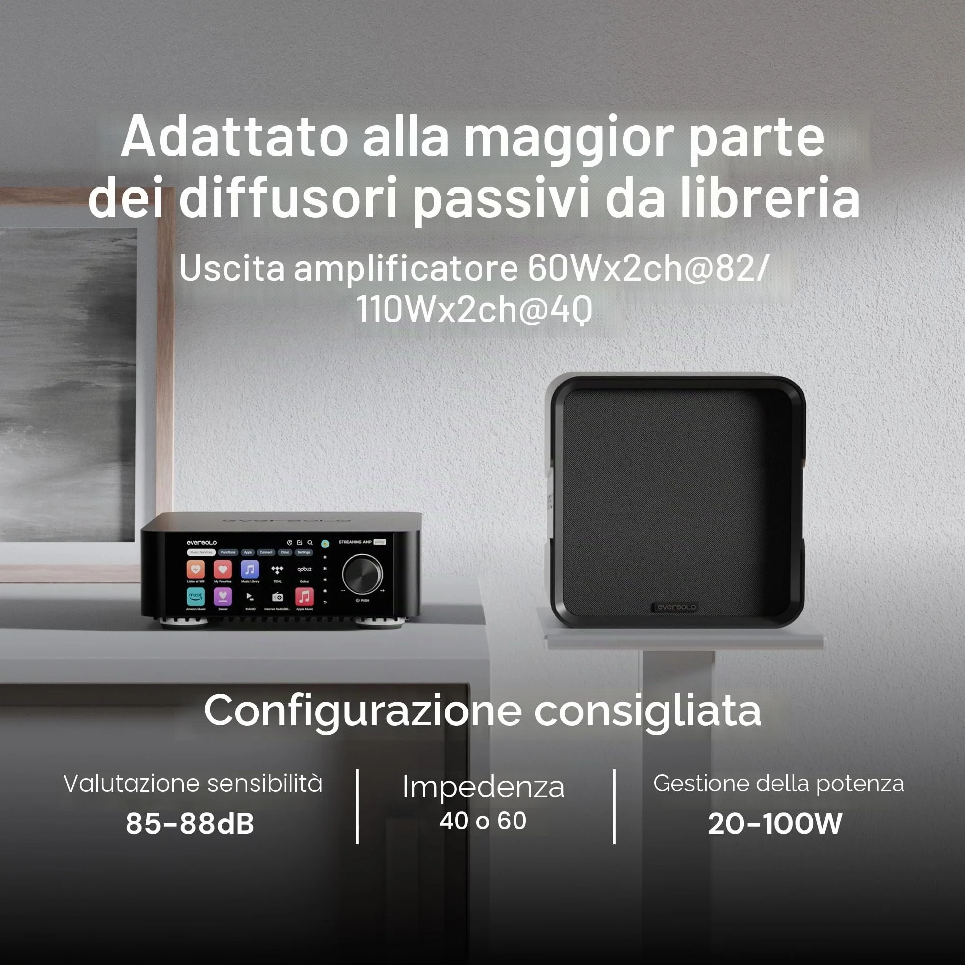 EVERSOLO streamer musicale tutto in uno con amplificatore touchscreen 5,5 pollici correzione di stanze nero
