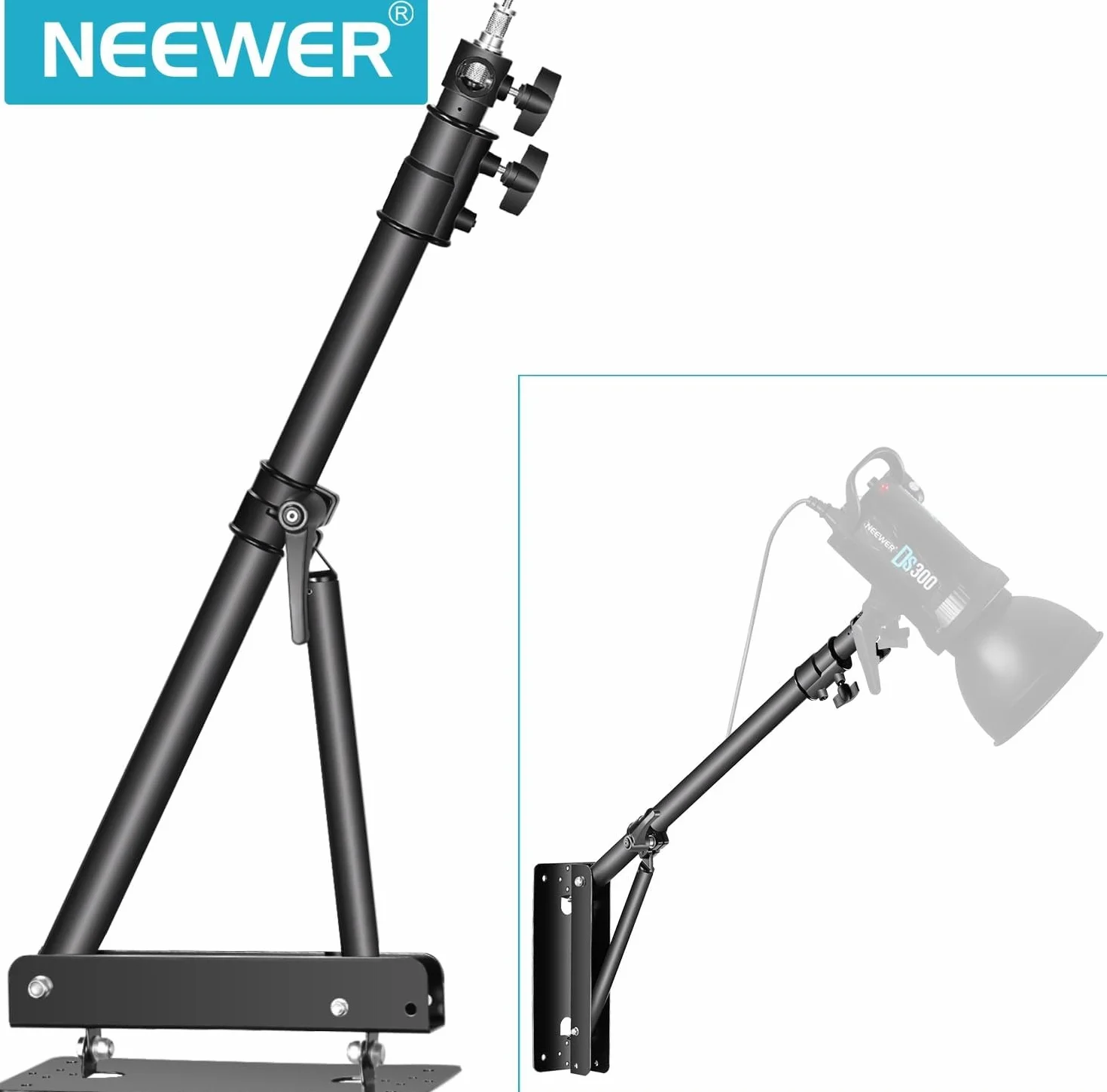 NEEWER Braccio Triangolare Montaggio a Parete per Luce Anulare,Stroboscopica Fotografica, Monoluce, Softbox, Riflettore, e Ombrello, 180 Gradi Rotazione Supporto, Lunghezza Massima 180cm(Nero)
