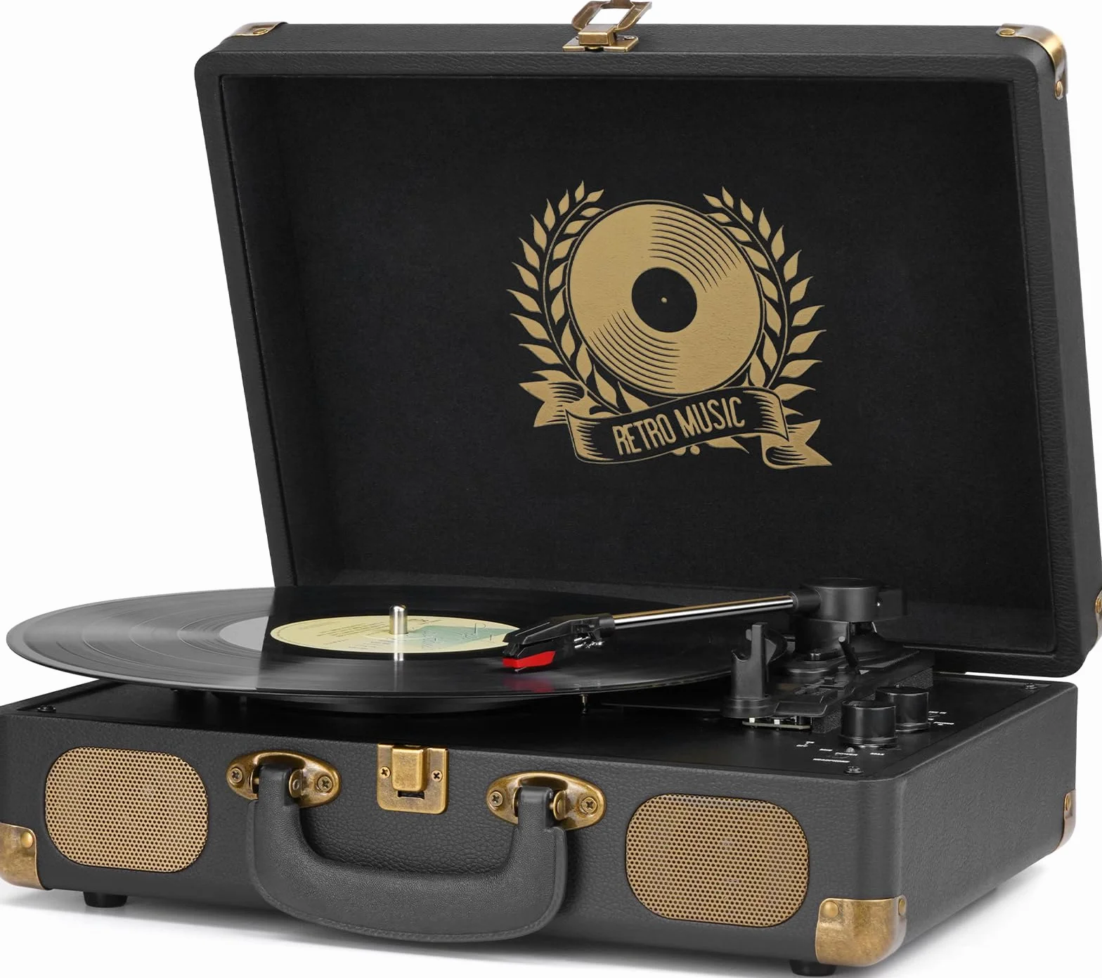 Giradischi in vinile Bluetooth portatile 3 velocità USB MP3 vintage valigia con altoparlanti integrati nero