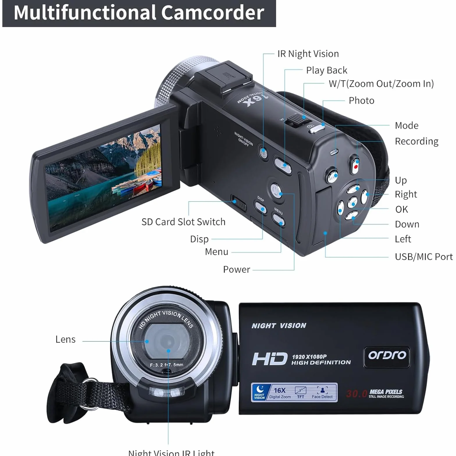 ORDRO V12 Videocamera Videocamera Full HD 1080P 30FPS Visione Notturna a Infrarossi Schermo LCD da 3,0 Pollici Zoom 16X Videocamere con Scheda SD da 16 GB Telecomando e 2 Batterie