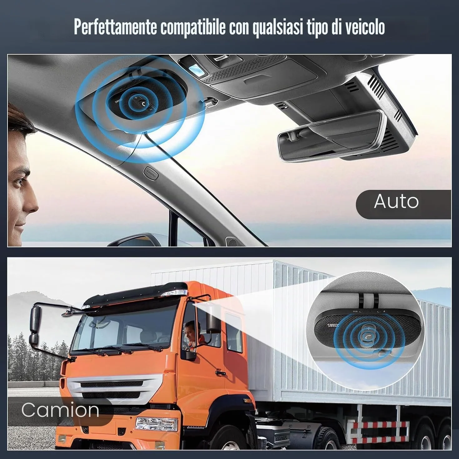 Vivavoce per auto Bluetooth 5.1 con clip Wireless vivavoce si collega a Siri & Google Assistant Supporto Auto ON Off Altoparlante forte 6W per GPS Musica Telefono