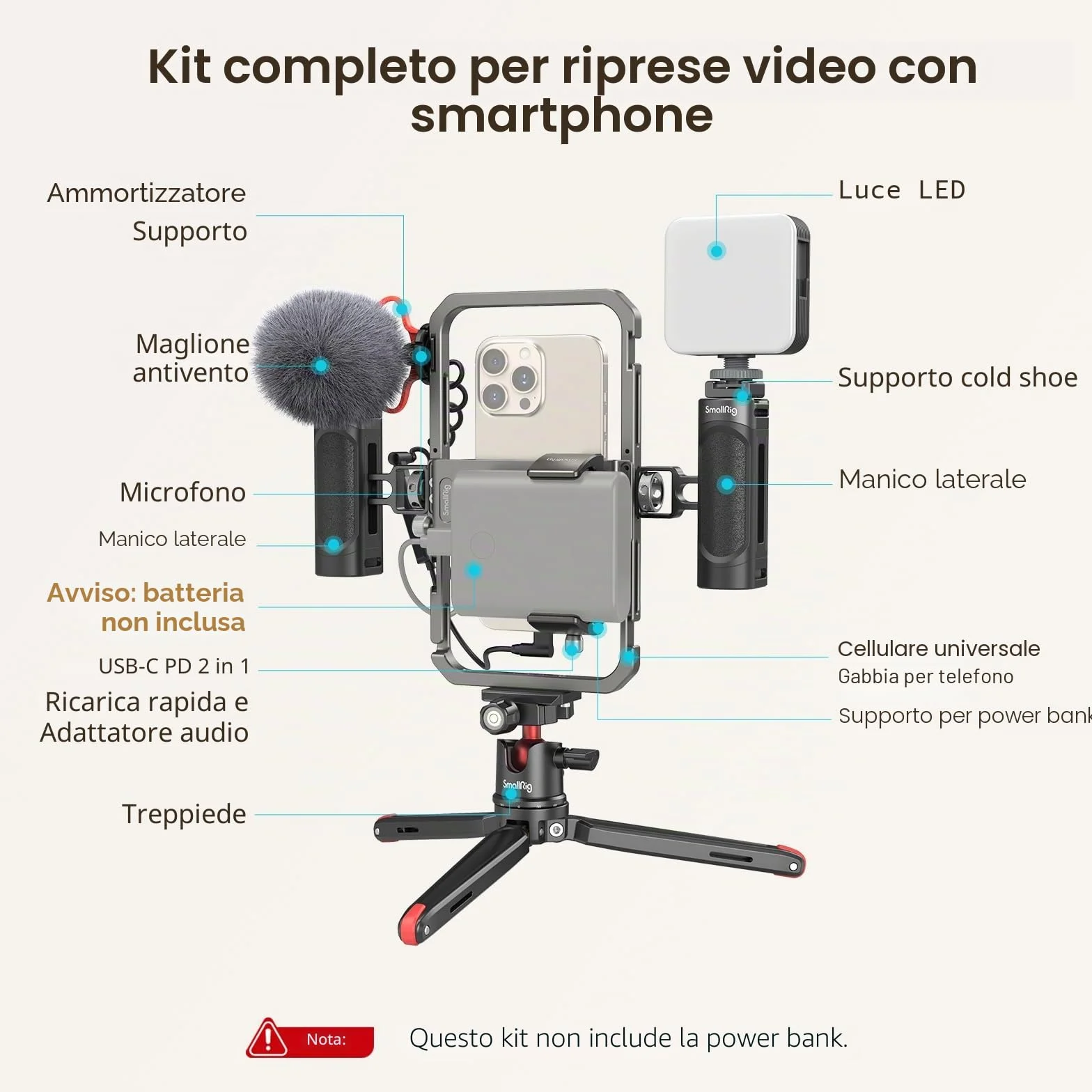 SMALLRIG Universal Phone Video Rig Kit per iPhone, Smartphone e Fotocamere, Stabilizzatore per Telefono con Treppiede Microfono Luce LED Maniglia Laterale Power Bank Holderm - 3384C