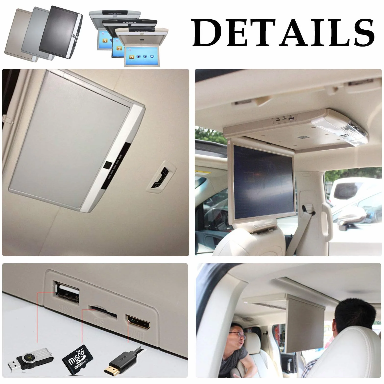 Monitor Ribaltabile per Auto, 17.3 Pollici 16: 9 Schermo Tft Digitale Ultrasottile 1080p Video Lettore per Auto da Tetto Monitor Montato sul Tetto Porta Hdmi USB SD Ir E FM,Black
