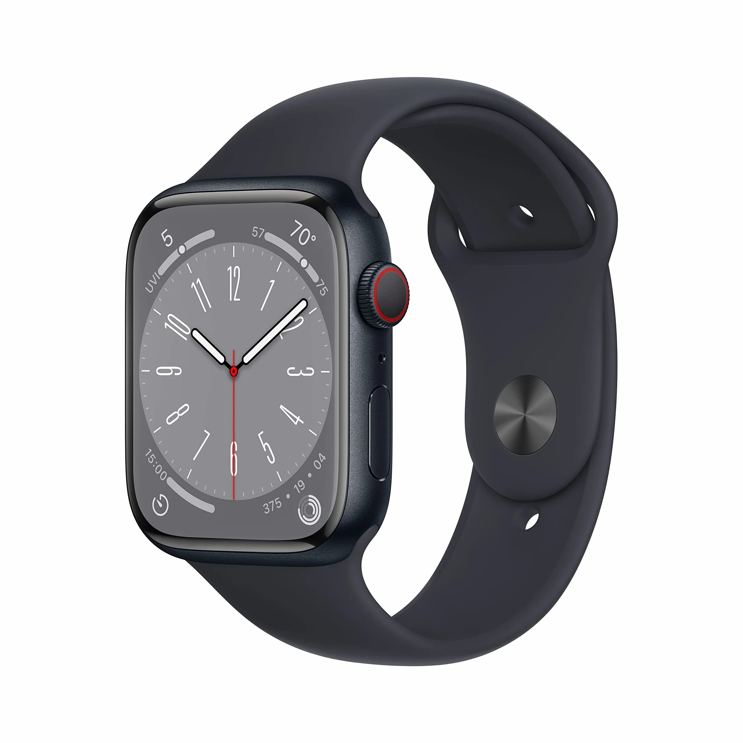 Apple Watch Series 8 (GPS + Cellulare, 45MM) - Case Mezzanotte in Alluminio con Cinturino Sport Mezzanotte (Ricondizionato)