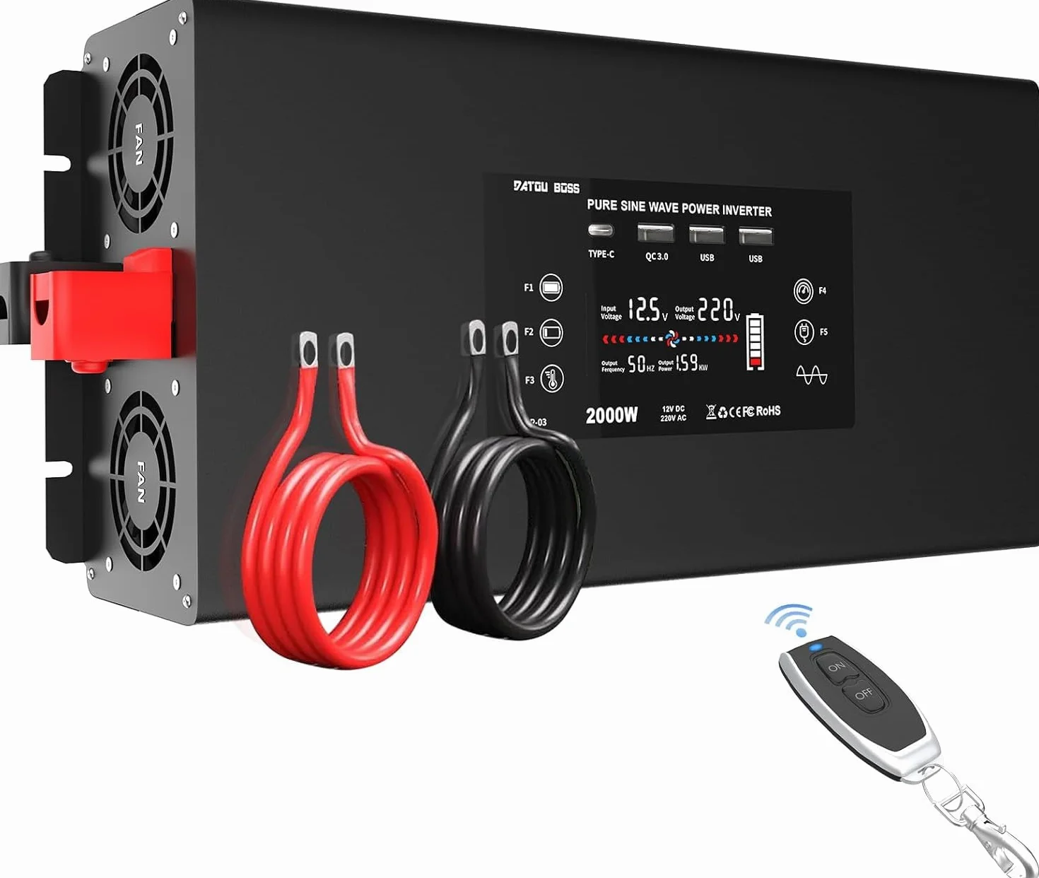 DATOUBOSS Inverter 12V 220V/230V Onda Pura 2000W Convertitore con Telecomando 2 Prese EU USB QC3.0 Type-C Display LCD