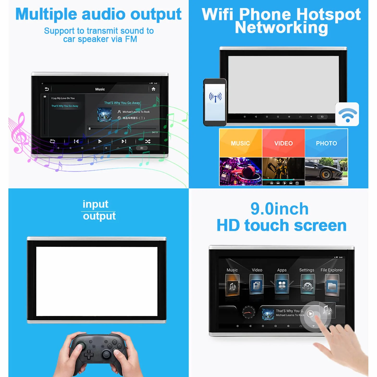 Fockety Lettore video poggiatesta per auto, 9In Car 4K WIFI Bluetooth Touch Screen TV poggiatesta MP3 MP4 WMA AVI Monitor per poggiatesta Monitor multimediale digitale con trasmettitore FM