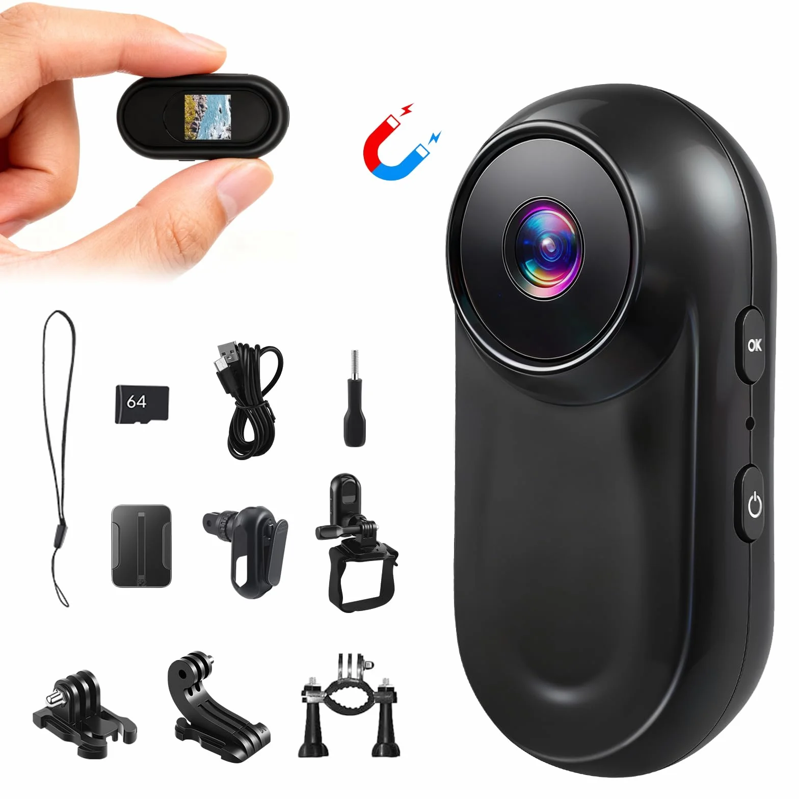 Action Camera Mini Magnetica Portatile 1080P HD 64G 130° Grandangolo Senza Fili per Sport Esterni