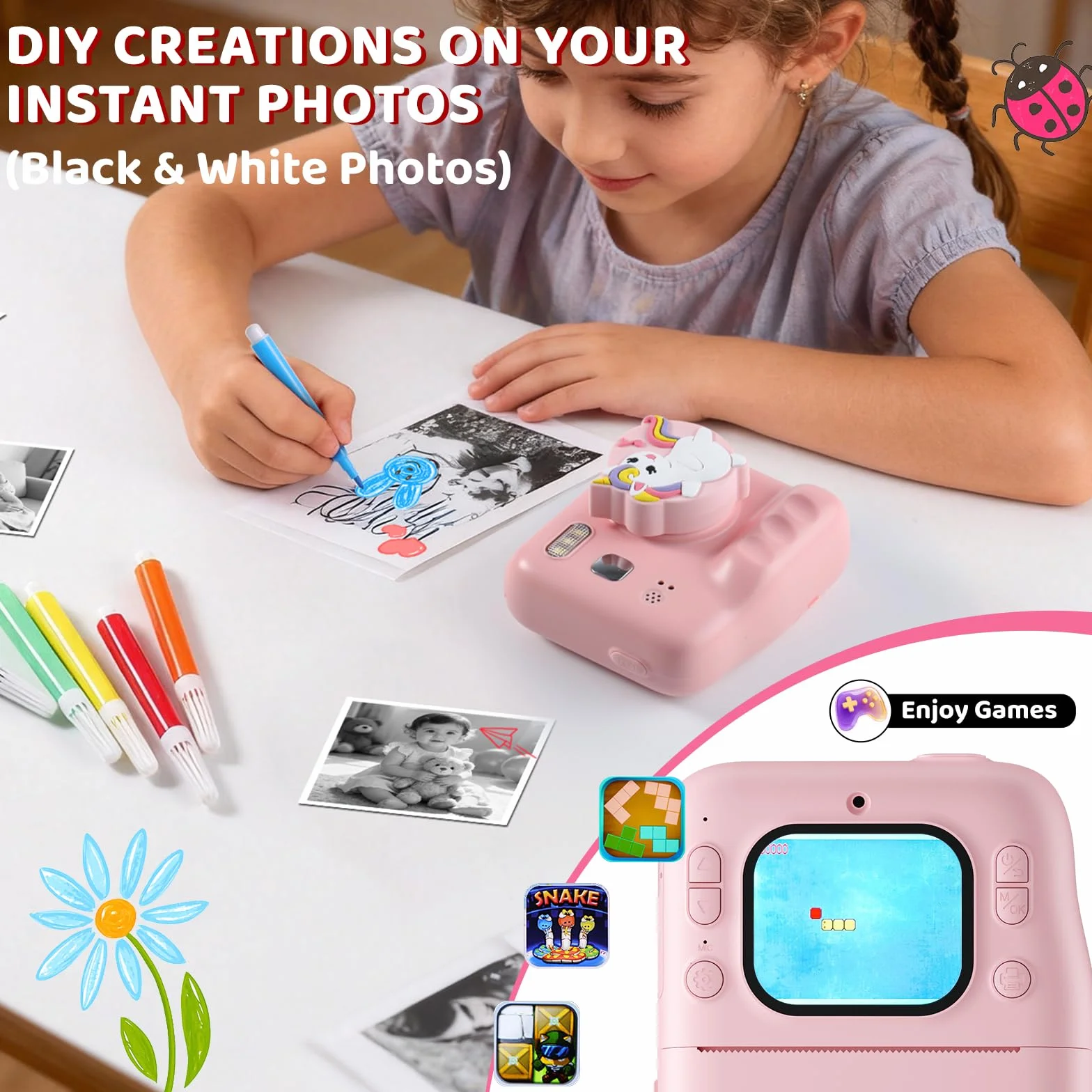 Macchina Fotografica Bambini Istantanea, 1080P Fotocamera Digitale Bambini con 32GB & Papier Photo, Regalo di Natale per Bambino e Bambina dai 3-12 Anni