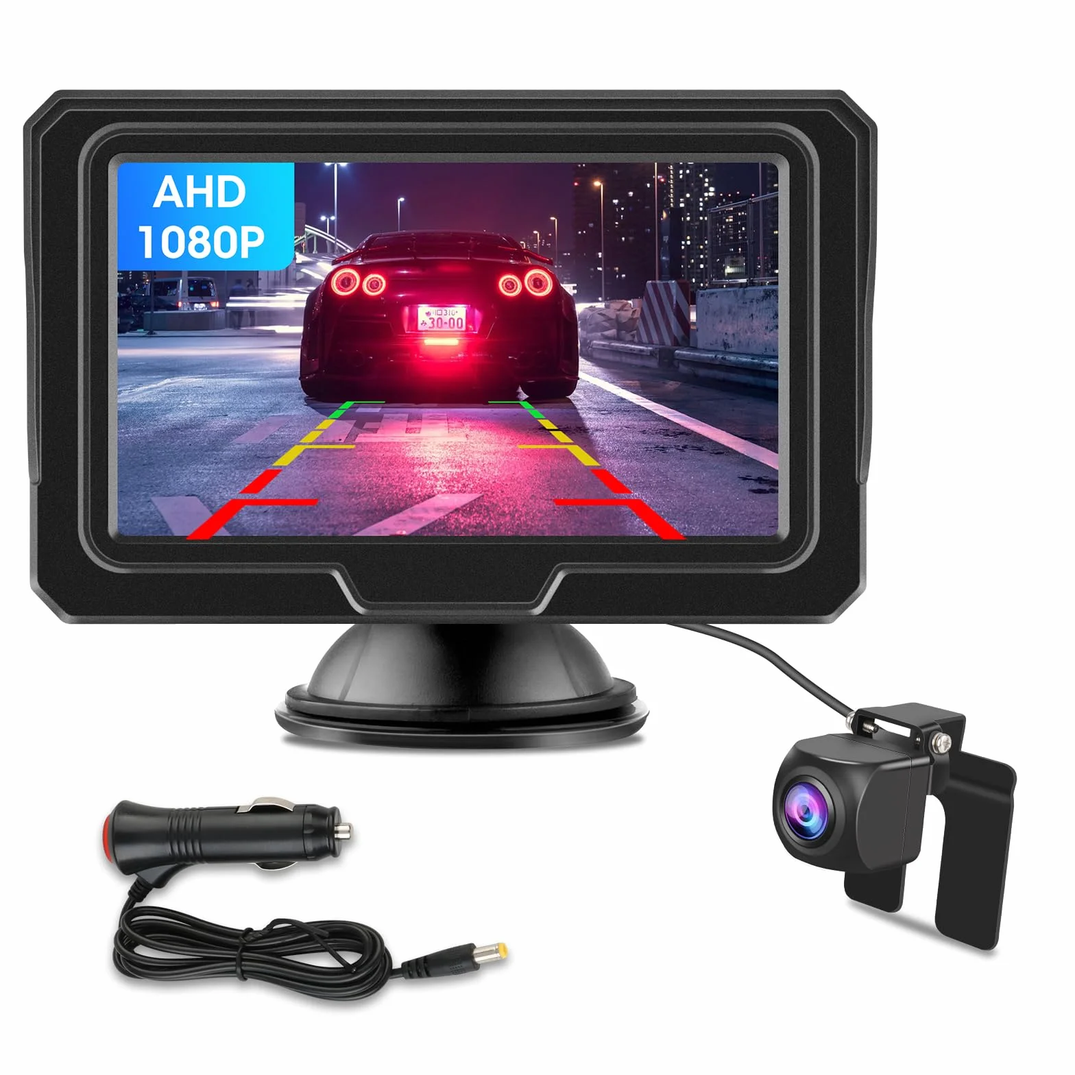 AHD 1080P 4.3 Pollici Telecamera Posteriore Auto con Monitor Nessuna Foratura Retrocamera Auto Facile Installazione Adatta Visione Notturna IP68 Impermeabile Telecamera Retromarcia per DC 12V Auto
