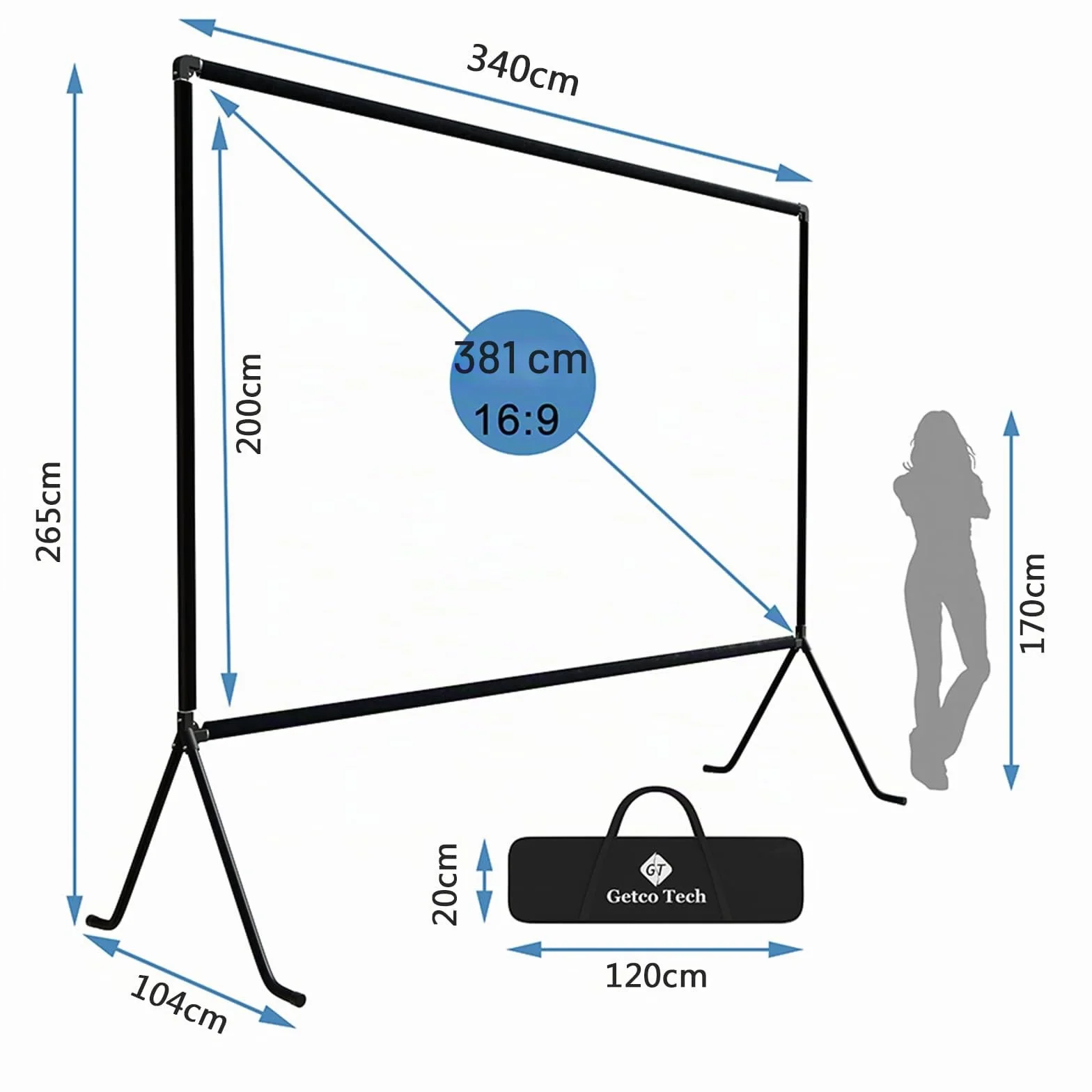 Telo per proiettore (150"), telo con supporto, 16: 9 HD, pieghevole, per interni/esterni, per proiezioni video, per casa, feste, ufficio, aule