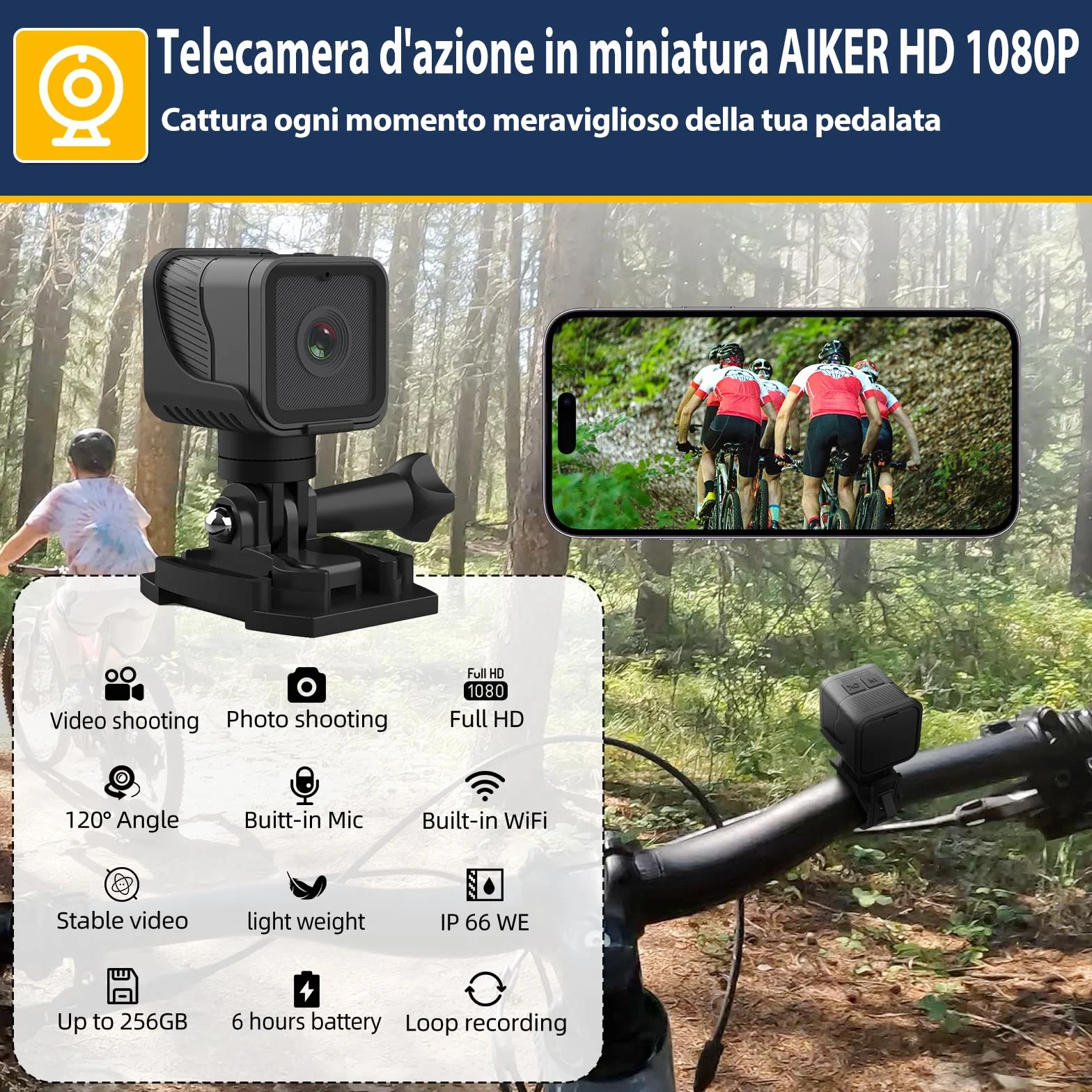 AIKER Dash Cam Moto Mini WiFi Action Cam IP66 1080PHD 120° Regolazione Automatica 64GB